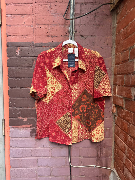90's Vintage Red & Yellow Paisley Mesh Short Sleeve Blouse / Size XL