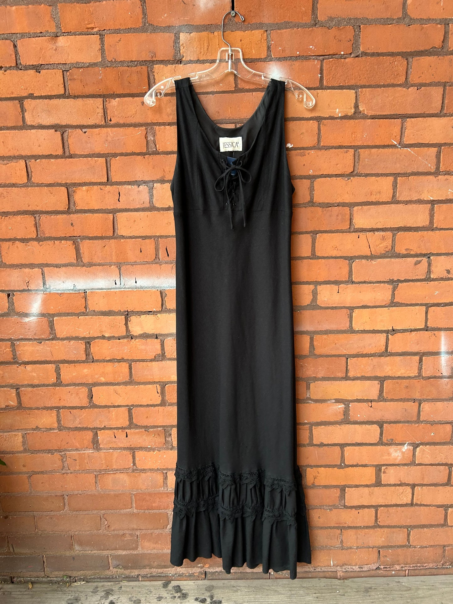 90’s Vintage Black Eyelet Lace up Linen Blend Maxi Dress / Size 14-16
