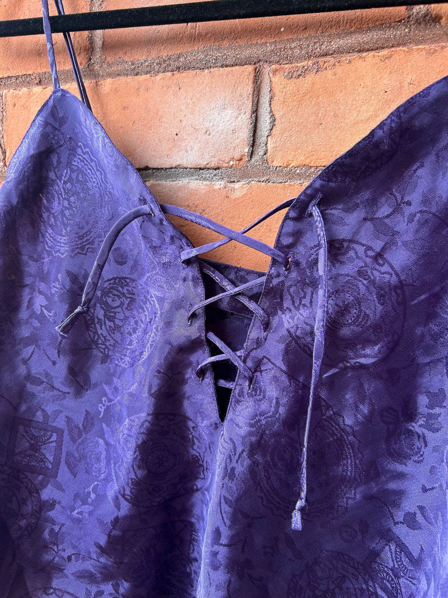 90’s Vintage Purple Floral Satin Lace Up Tank Top / Size L