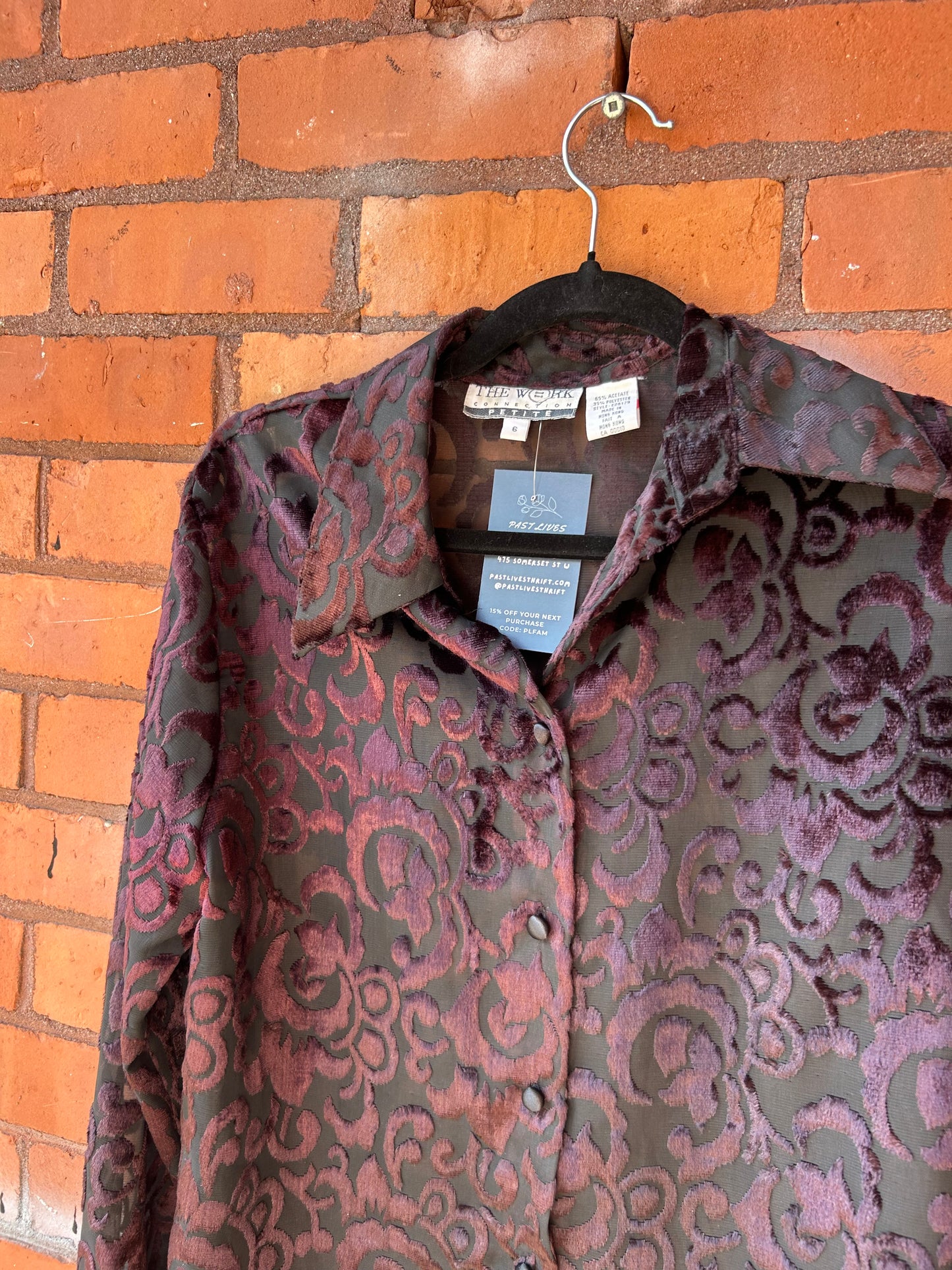 90’s Vintage Burgundy Velvet & Black Mesh Blouse / Size M