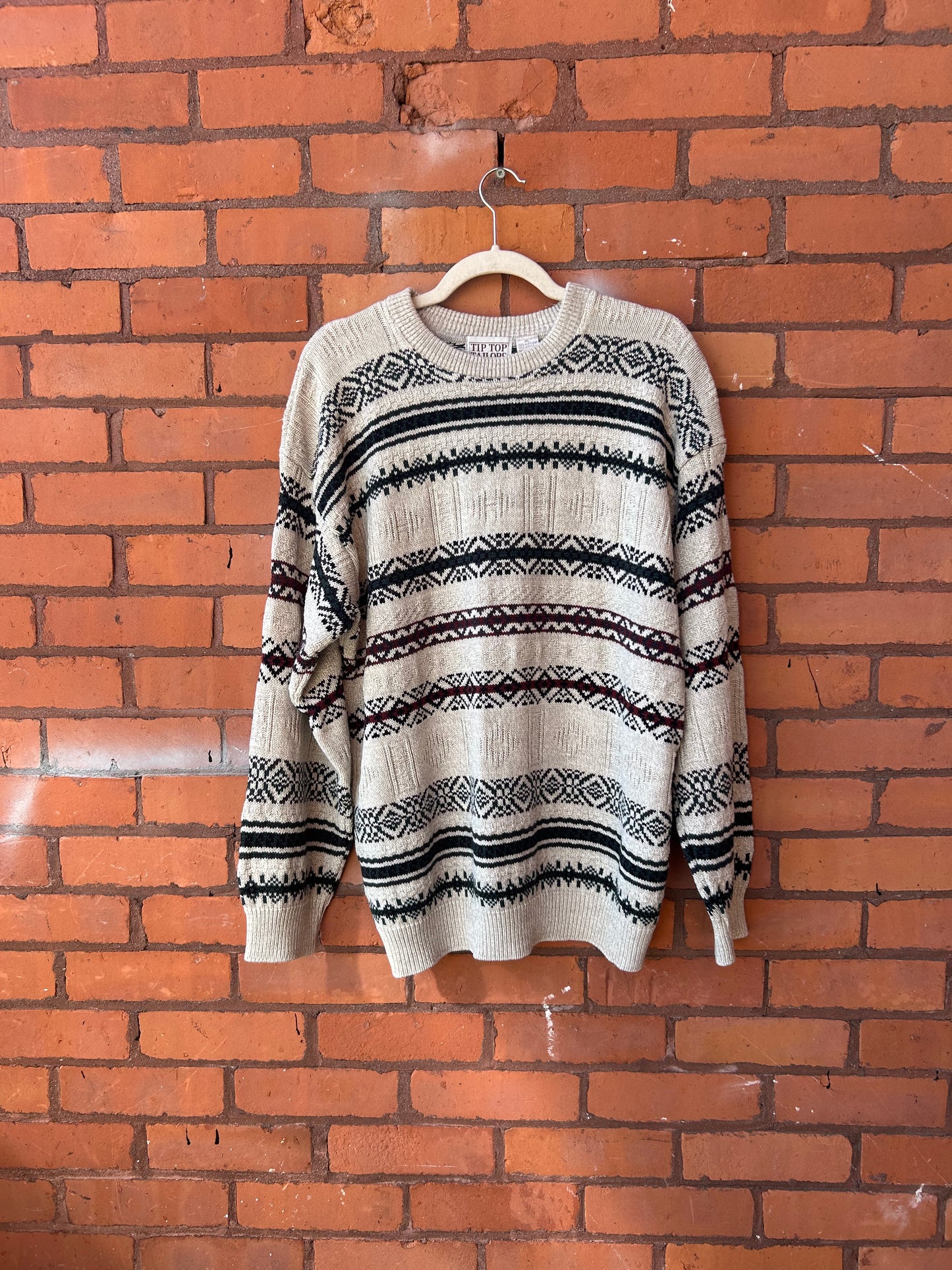 90’s Vintage Burgundy & Green Striped Cotton Knit Sweater / Size XL