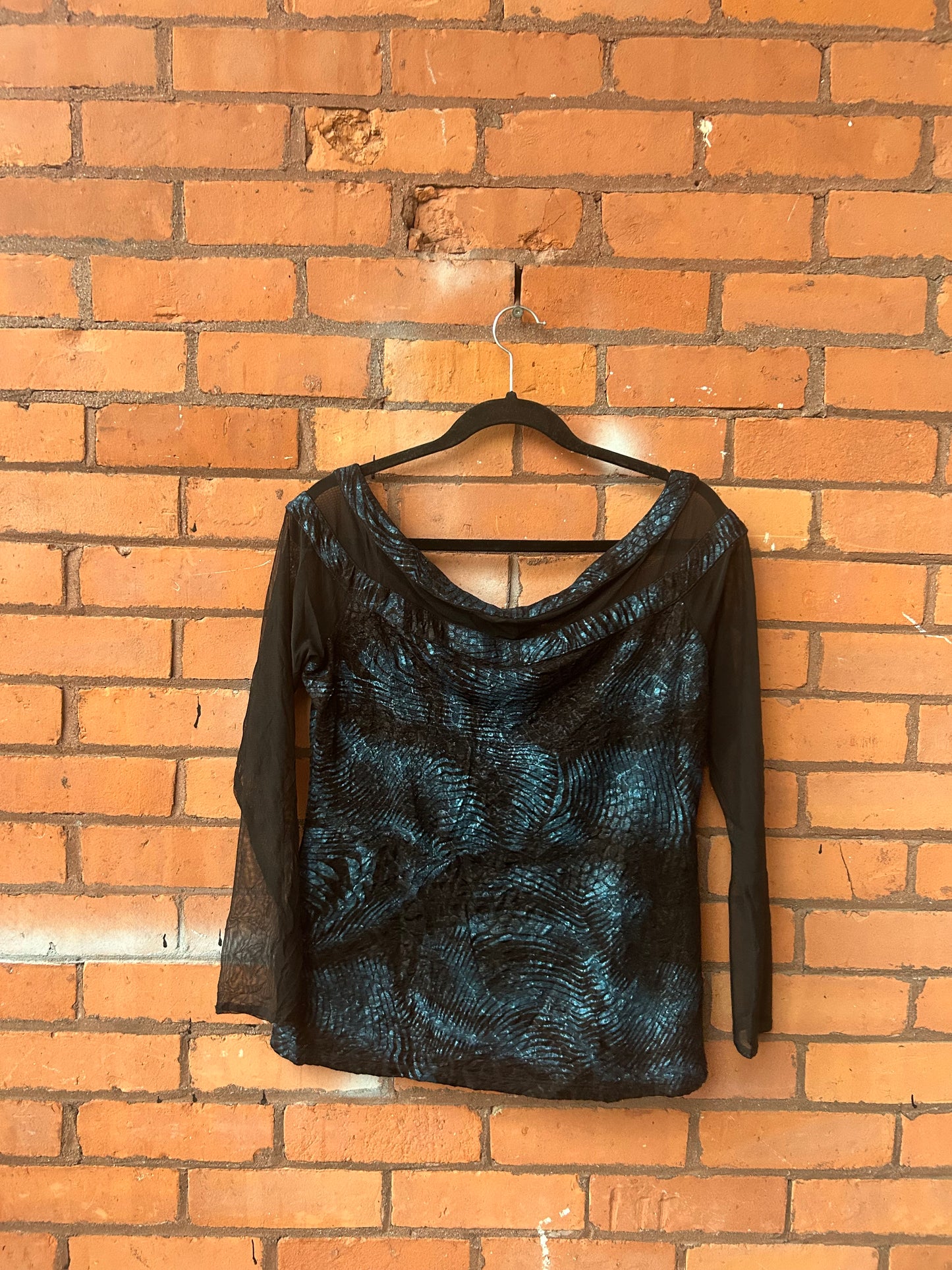 90’s Vintage Blue & Black Mesh Off the Shoulder Top / Size L