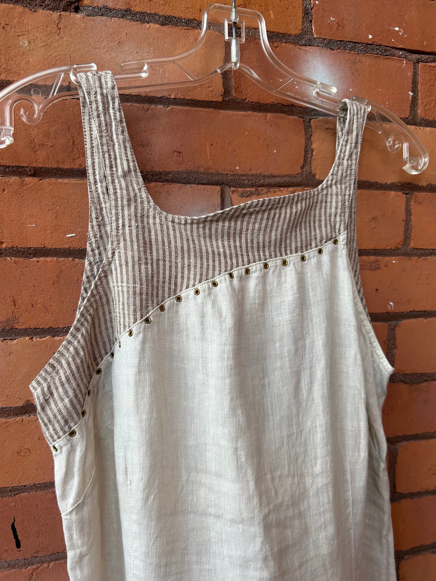 90’s Vintage Beige & Striped Linen Maxi Dress / Size 12