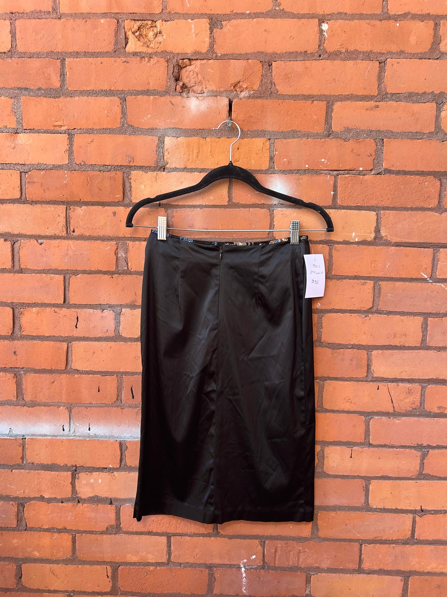 90’s Vintage Black Sequin Satin Midi Skirt / 24 Waist