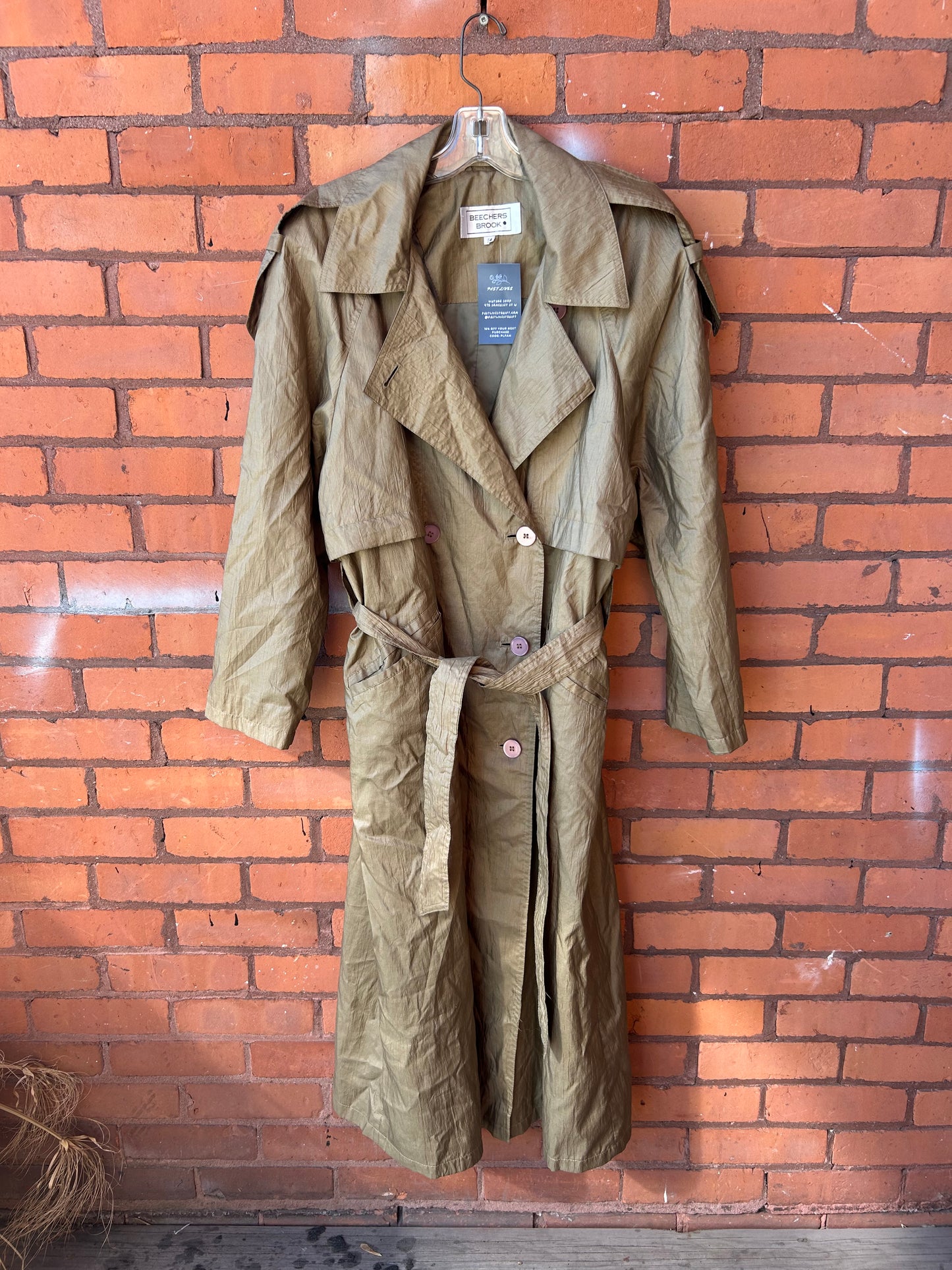 90’s Vintage Green Khaki Nylon Trench Coat / Size L