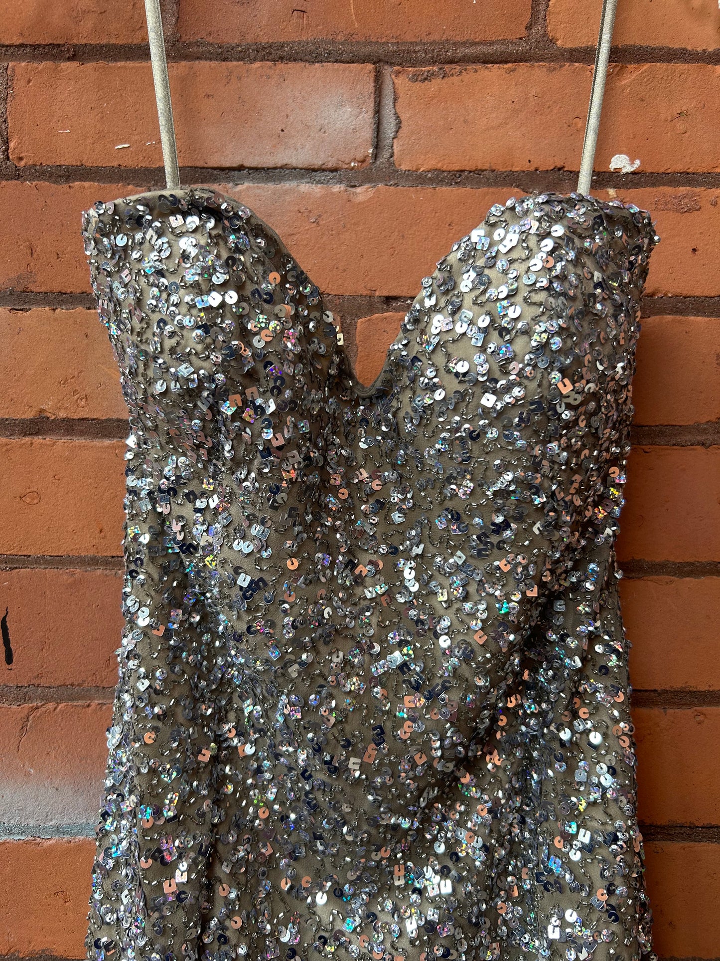 90’s Vintage Champagne Silk Sequin Sweetheart Mini Dress / Size 8-10