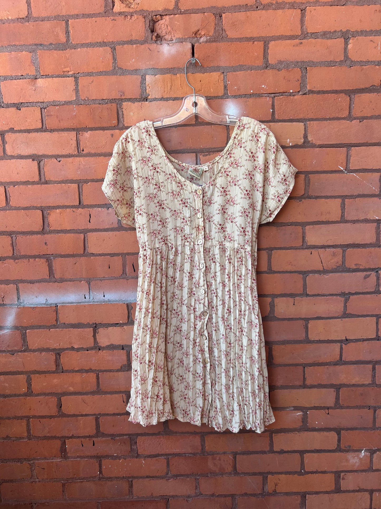 90’s Vintage Beige & Pink Floral Button Down Babydoll Dress / Size M
