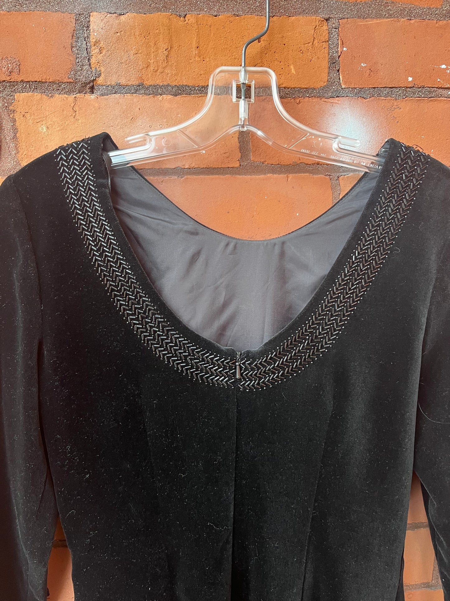 90’s Vintage Laura Ashley Black Velvet Beaded Longsleeve Mini Dress / Size 4