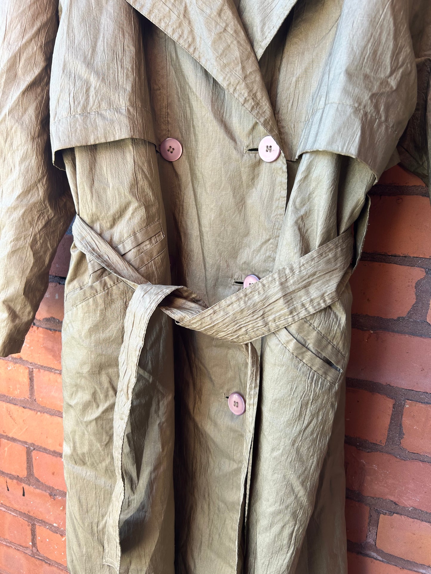 90’s Vintage Green Khaki Nylon Trench Coat / Size L