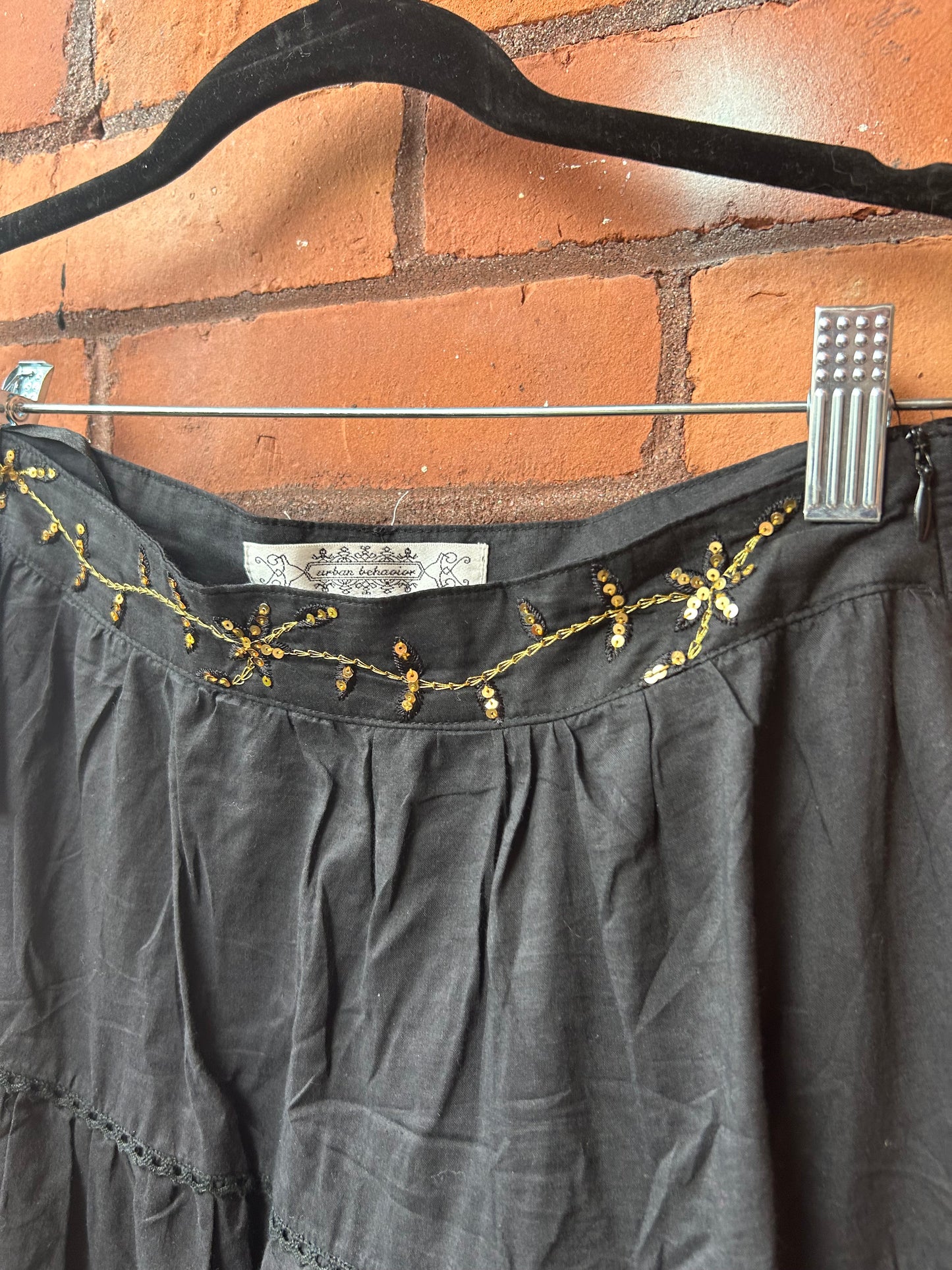 Y2K Vintage Black Cotton Gold Sequin Tiered Midi Skirt / 28 Waist