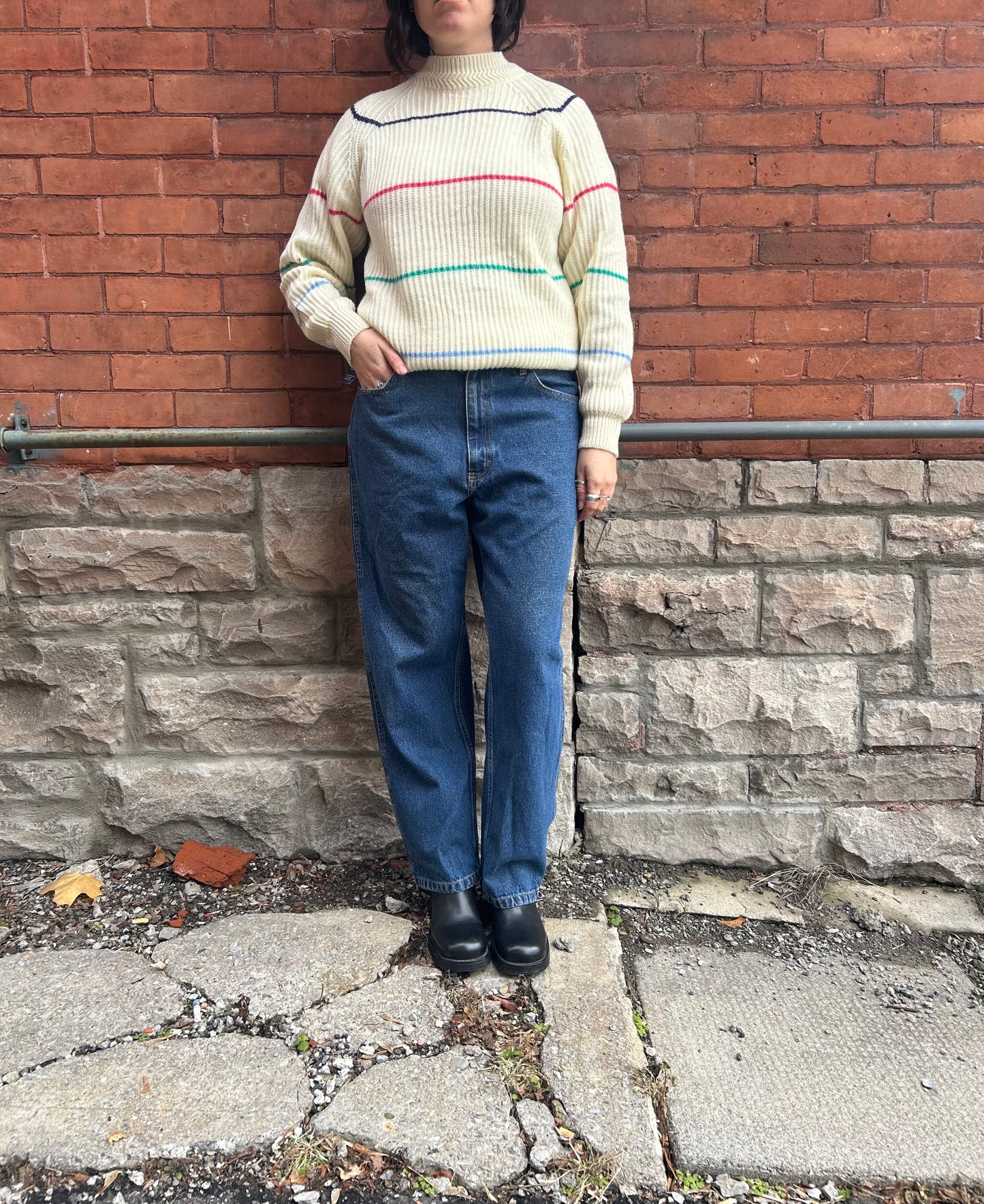 90s Vintage Cream Striped Knit Sweater / Size M