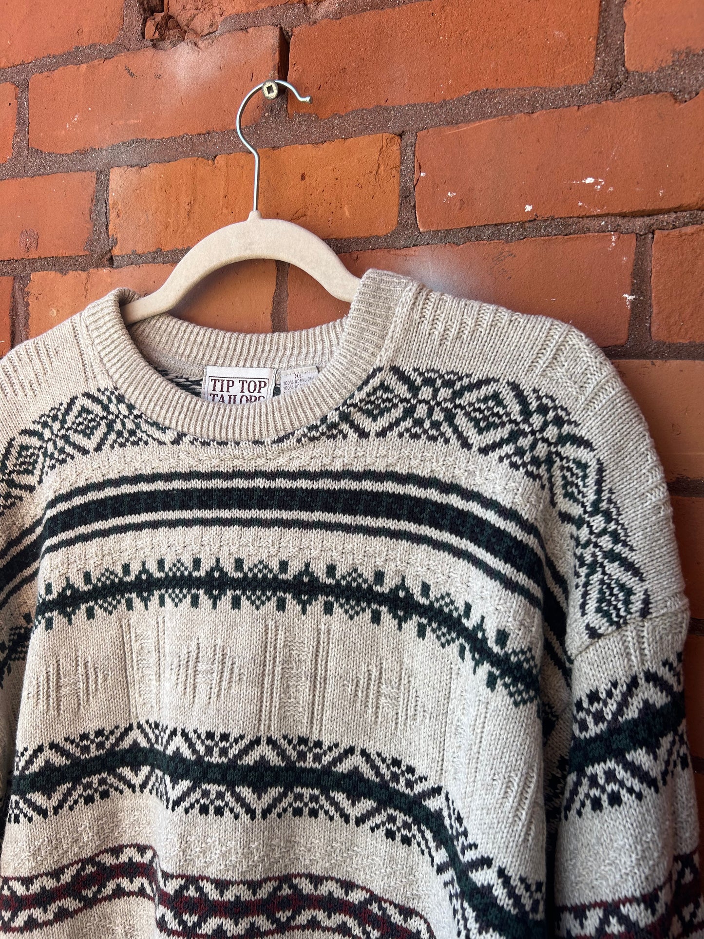 90’s Vintage Burgundy & Green Striped Cotton Knit Sweater / Size XL