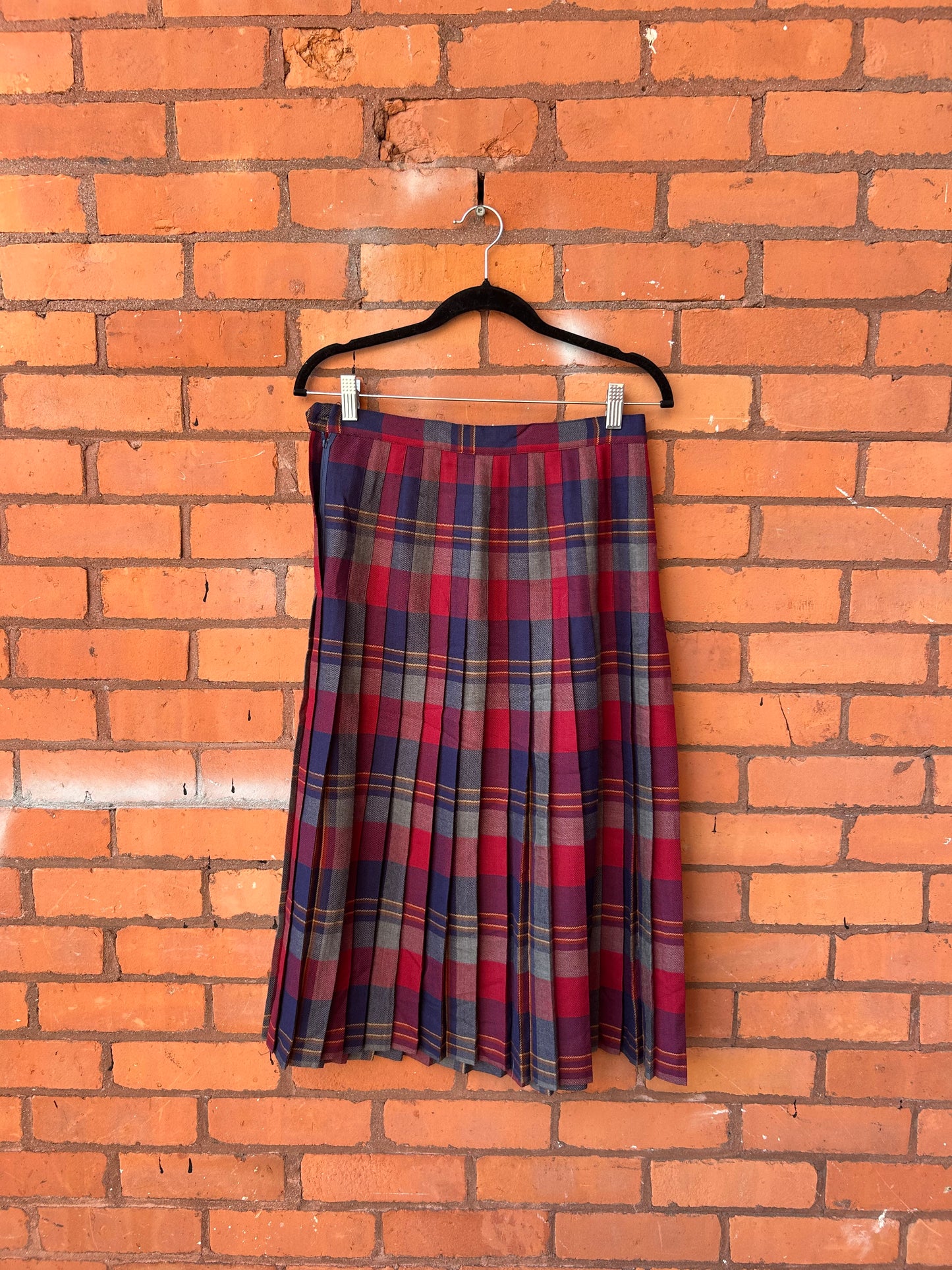 70’s Vintage Magenta & Blue Plaid Wool Midi Skirt / 28 Waist