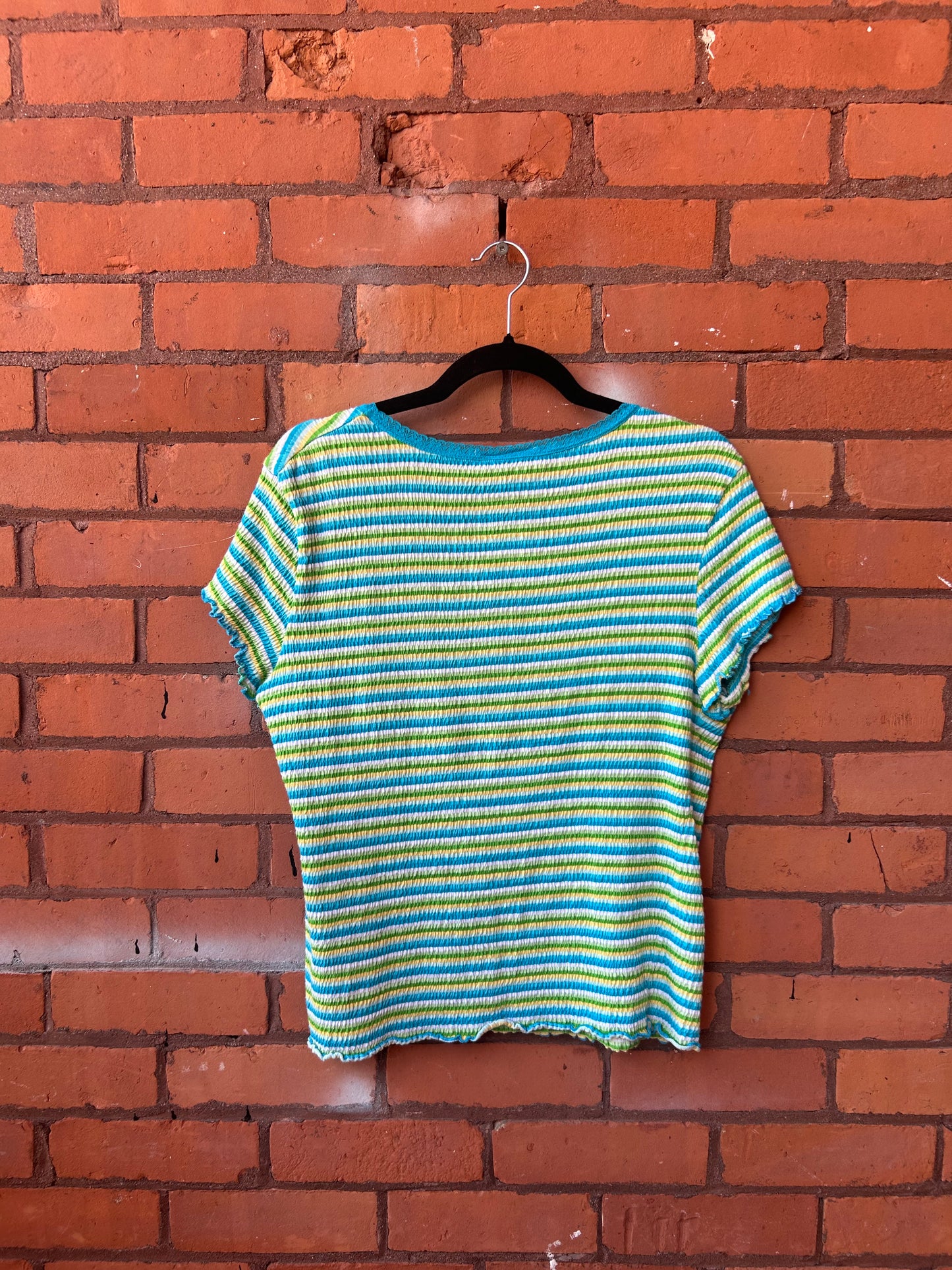 90’s Vintage Blue & Green Striped Ruched Tee / Size L