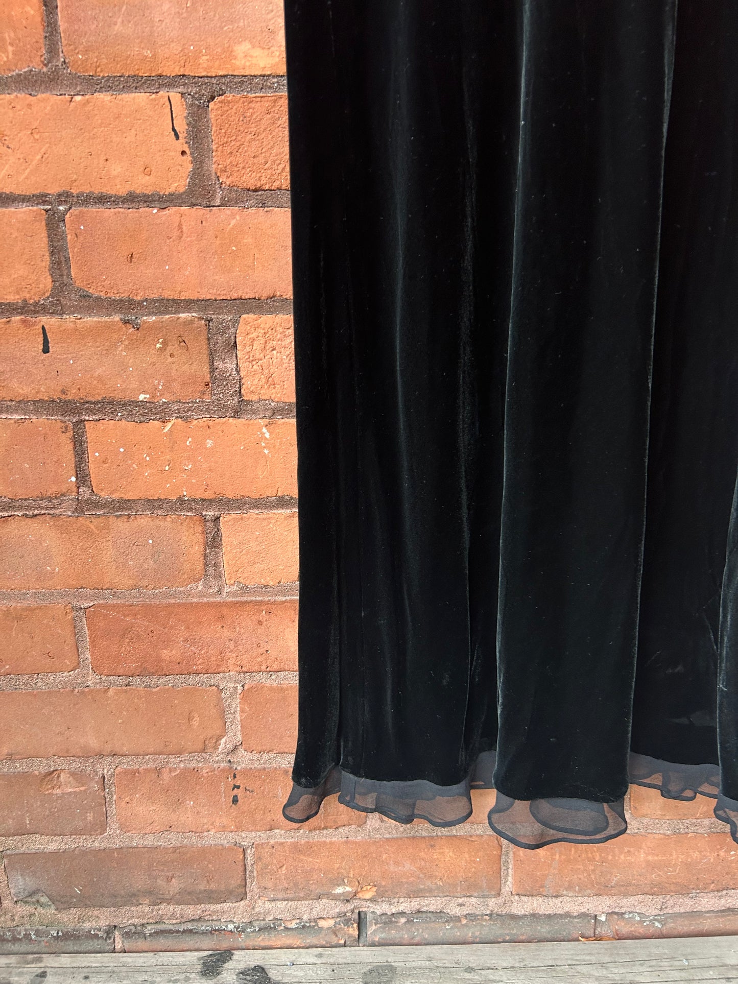 90’s Vintage Black Velvet & Silk Flutter Sleeve Maxi Dress / Size XXL