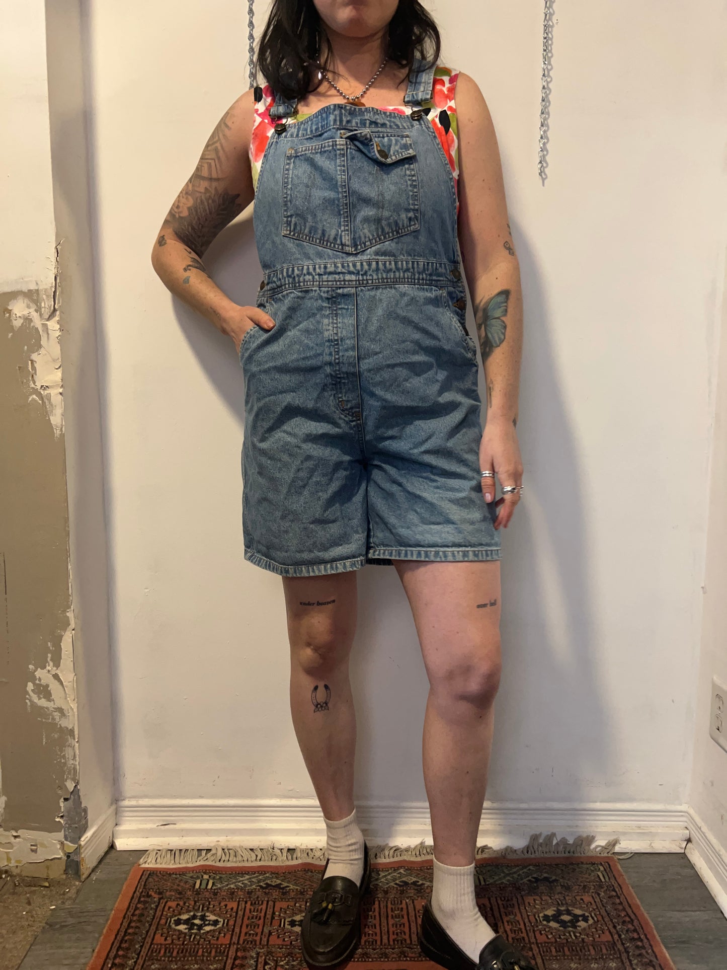 90’s Vintage Denim Short Overalls / 36 Waist