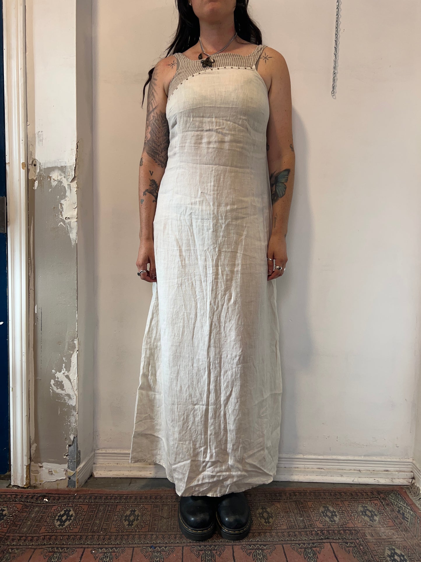 90’s Vintage Beige & Striped Linen Maxi Dress / Size 12