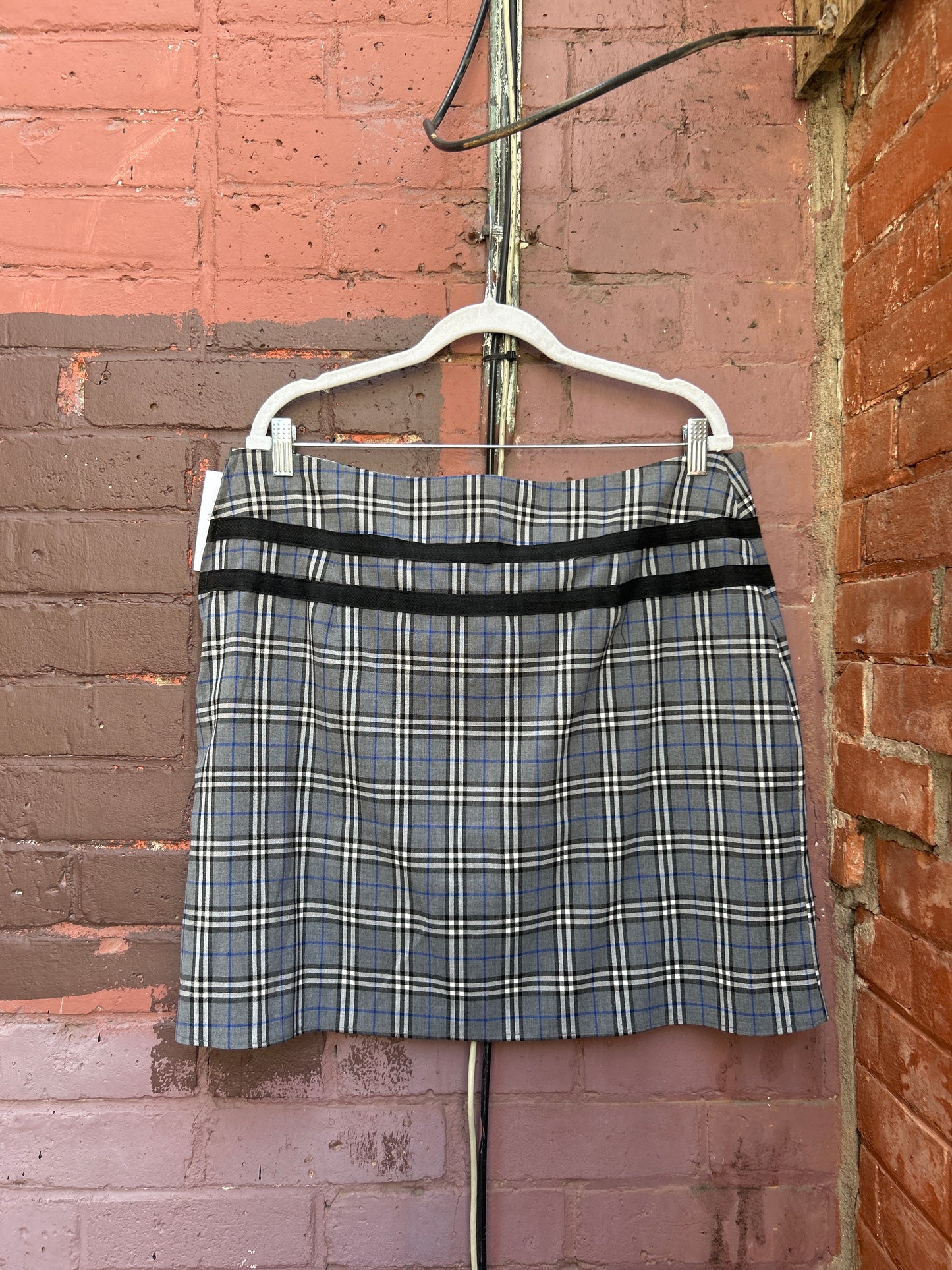 90's Vintage Blue & Grey Plaid Buckle Mini Skirt / 38 Waist