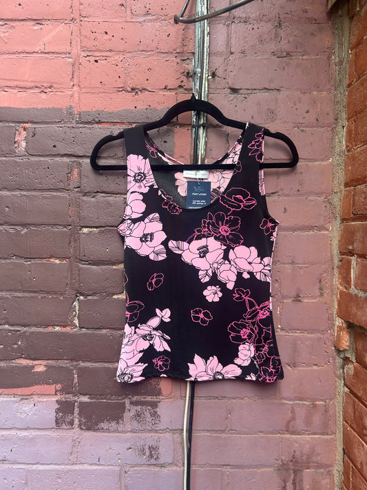 90's Vintage Pink & Black Floral Tank Top / Size S