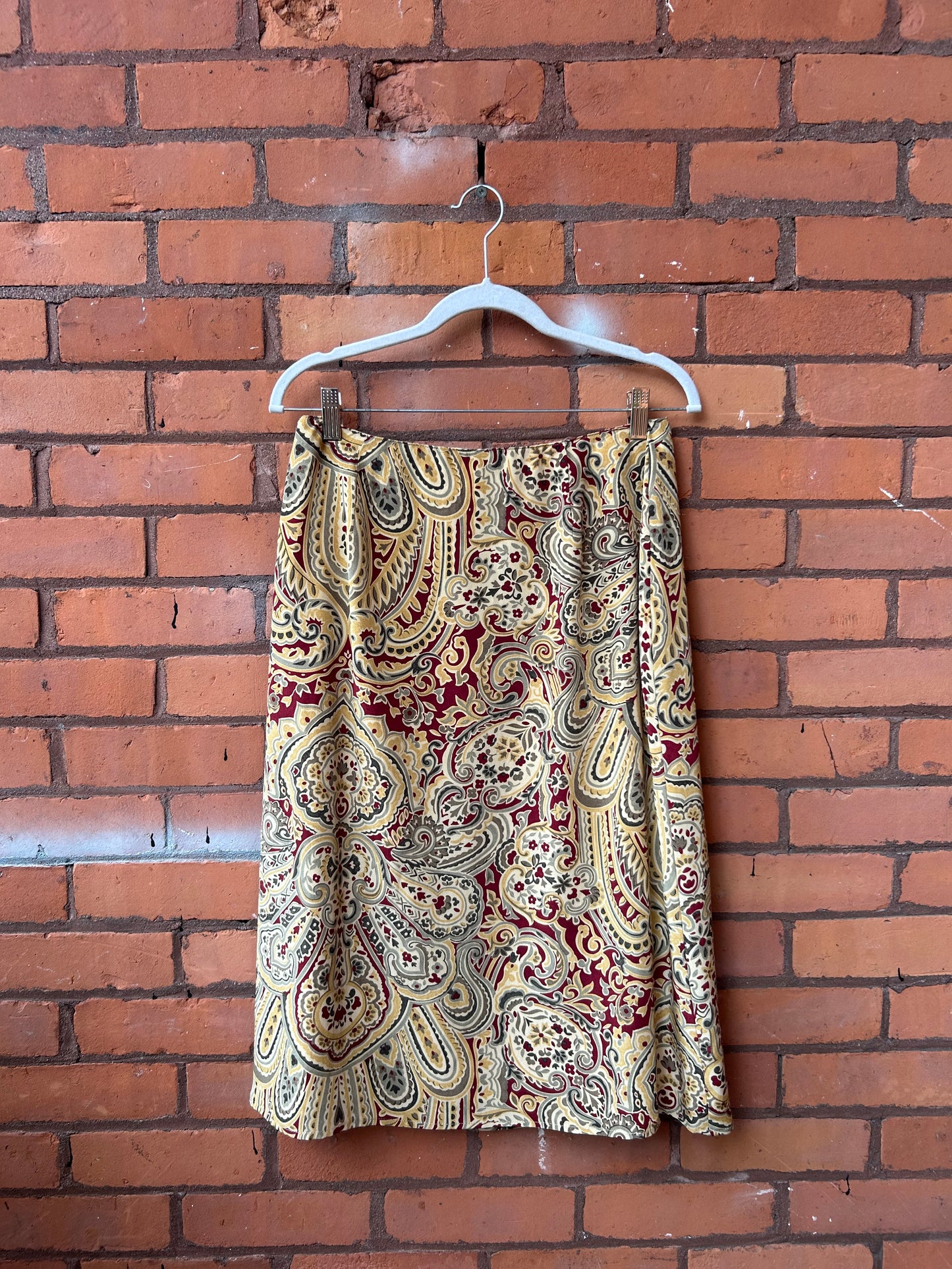 90’s Vintage Yellow & Red Paisley Silk Midi Skirt / 30 Waist