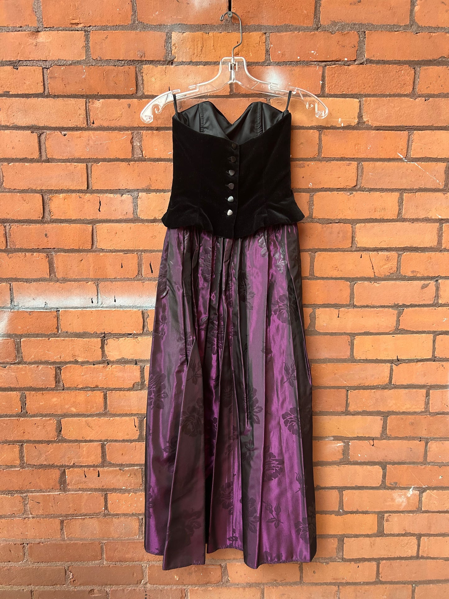 90’s Vintage Laura Ashley Black Velvet Corset Purple Floral Gown / Size 0-2