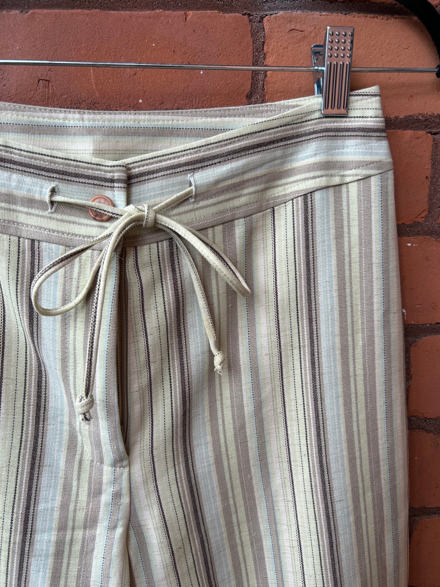 90’s Vintage Green & Brown Striped Linen Blend Wide Leg Pants / 26 Waist