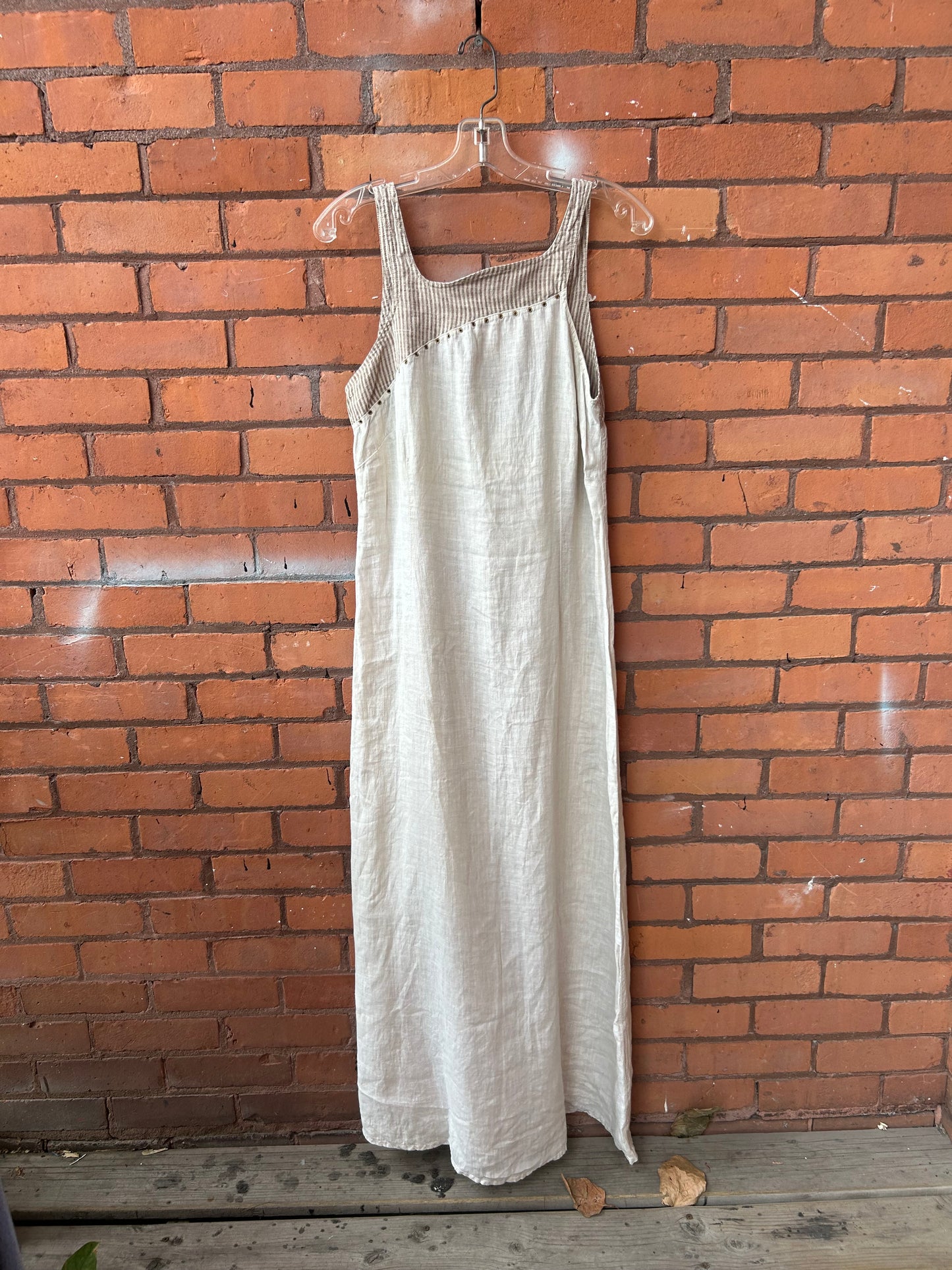90’s Vintage Beige & Striped Linen Maxi Dress / Size 12