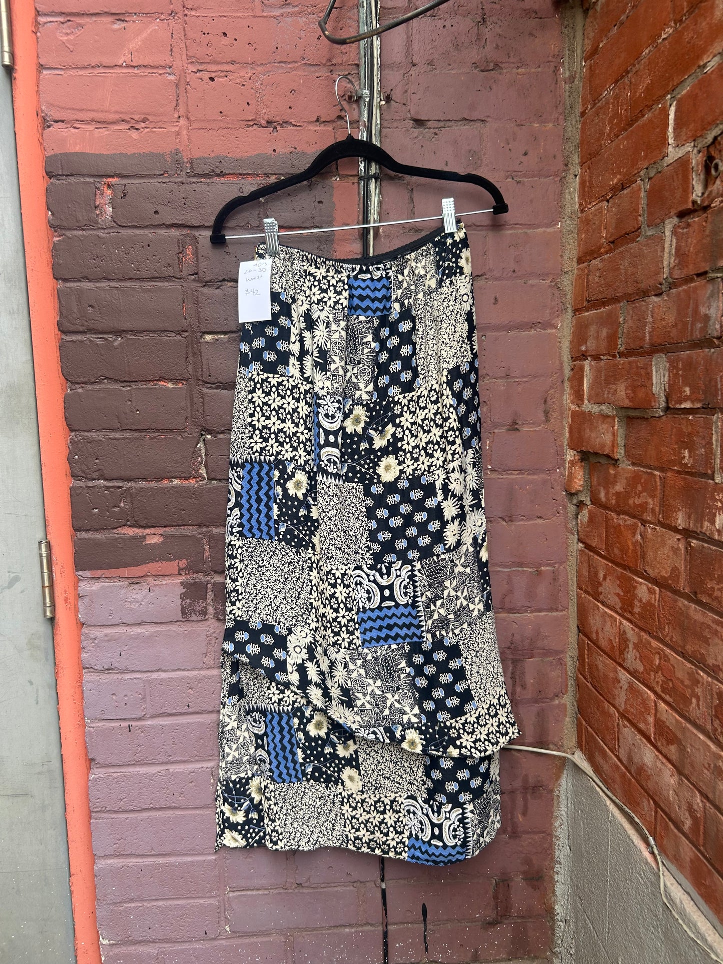 90’s Vintage Blue Patchwork Print Layered Maxi Skirt / 26-30 Waist