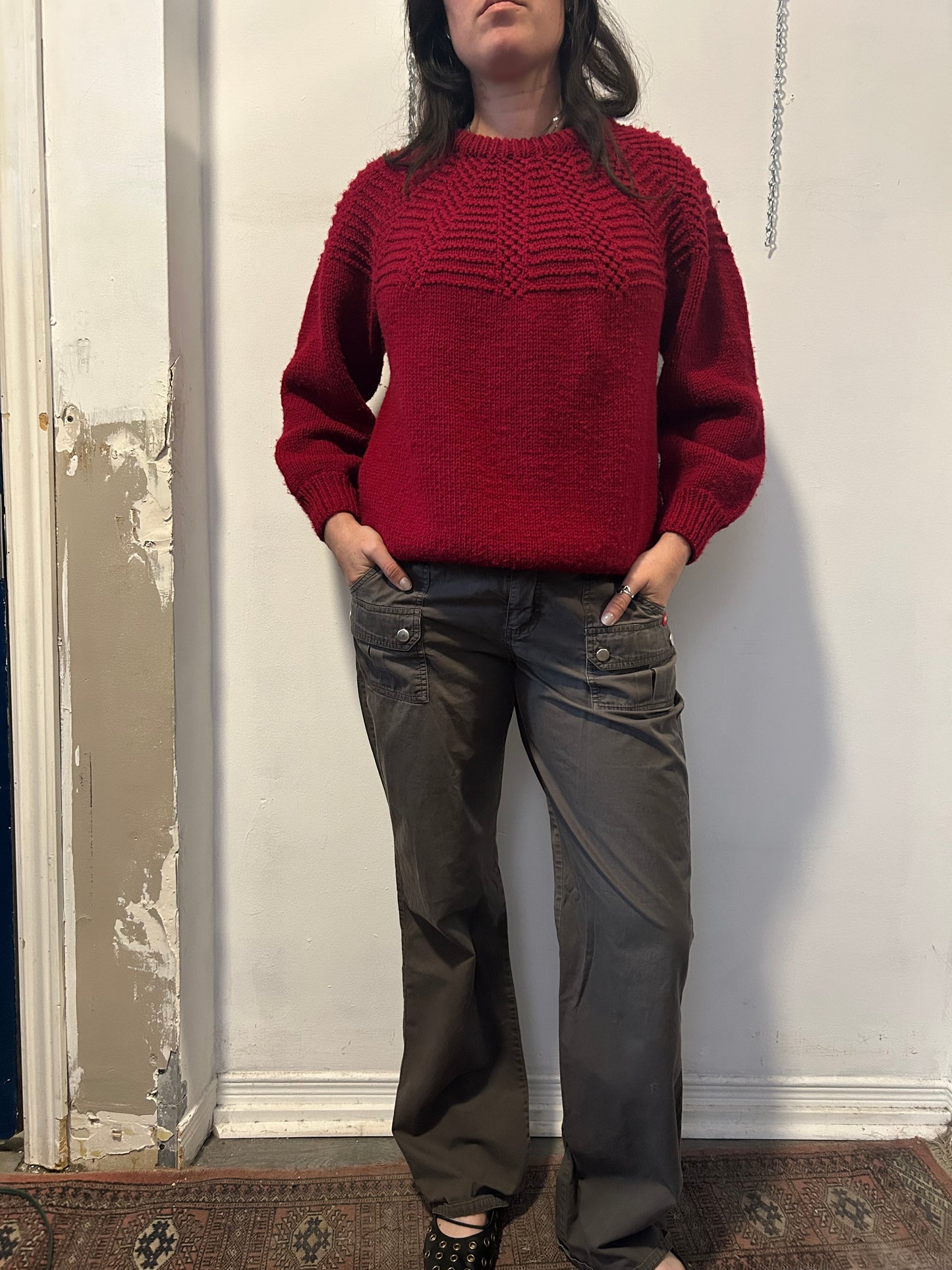 90’s Vintage Red Hand Knit Sweater / Size M