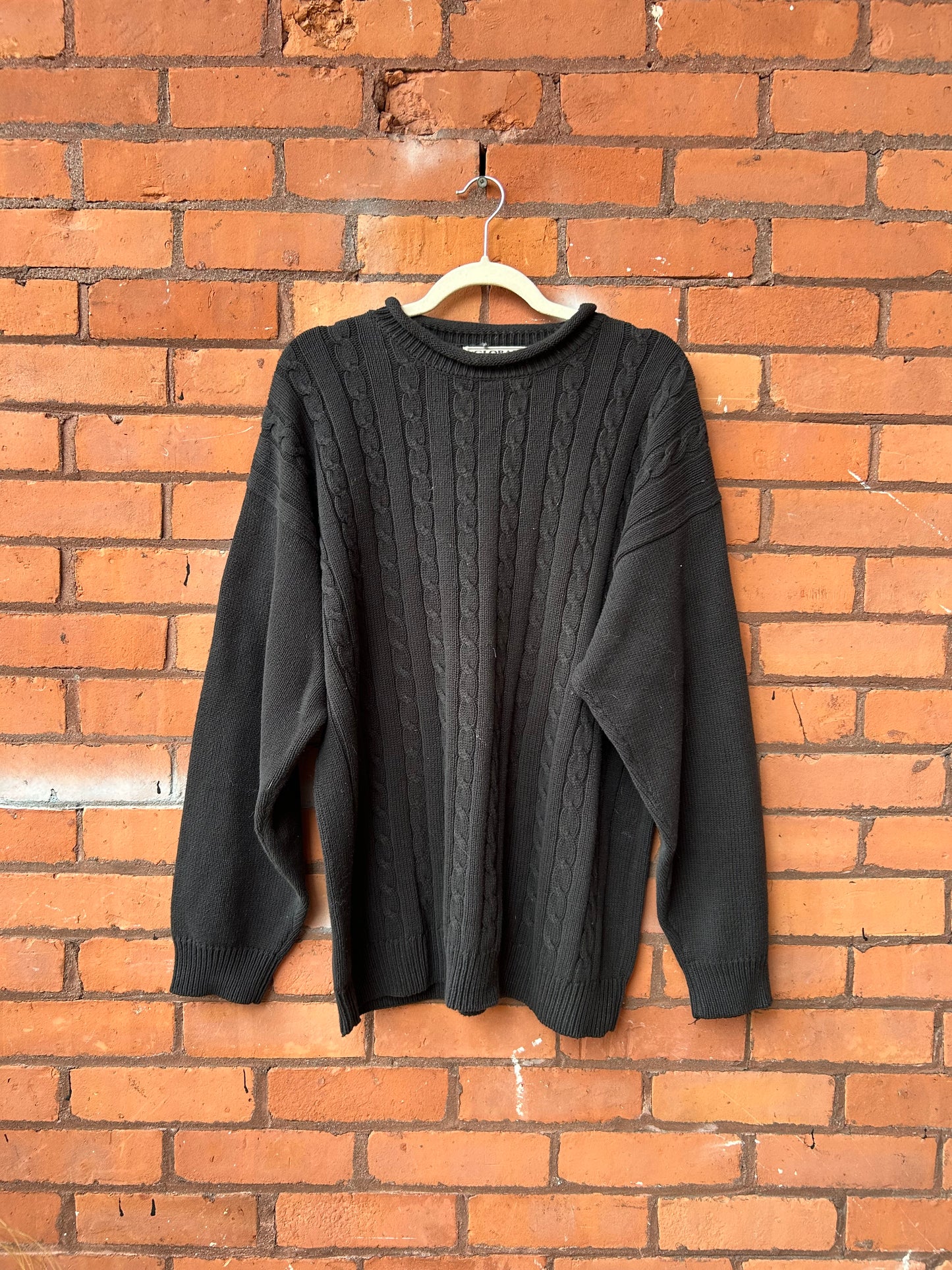 90’s Vintage Black Cotton Cable Knit Rollneck Sweater / Size XL