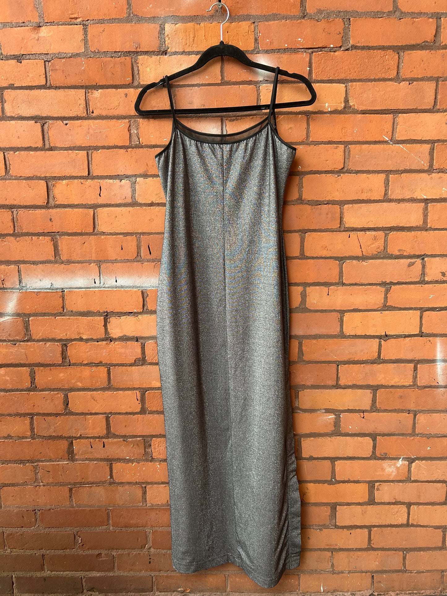 90’s Vintage Silver Metallic Maxi Dress / Size 10-12
