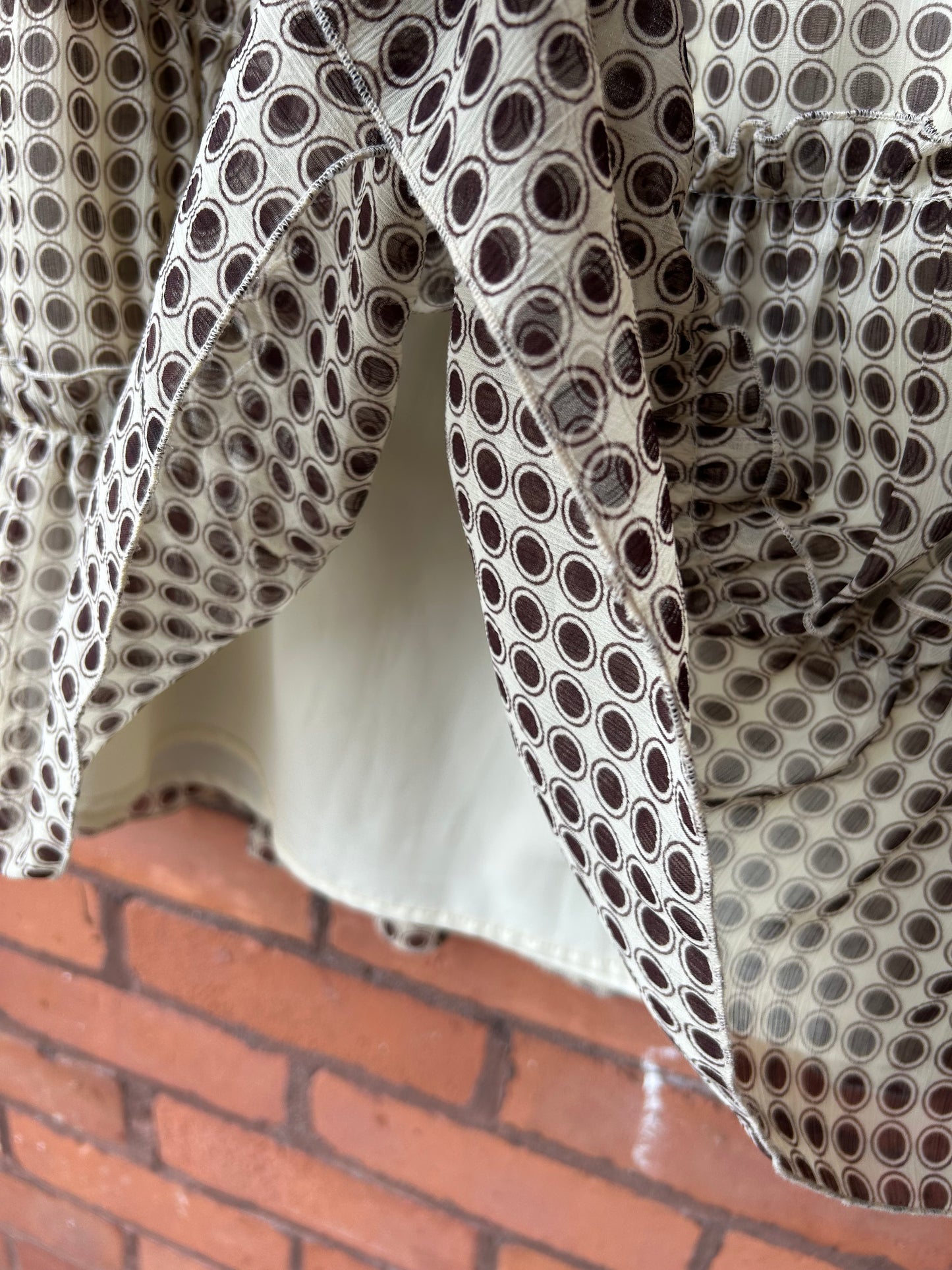 Y2K Vintage Cream & Brown Polka Dot Tiered Ruffle Midi Skirt / 34-38 Waist