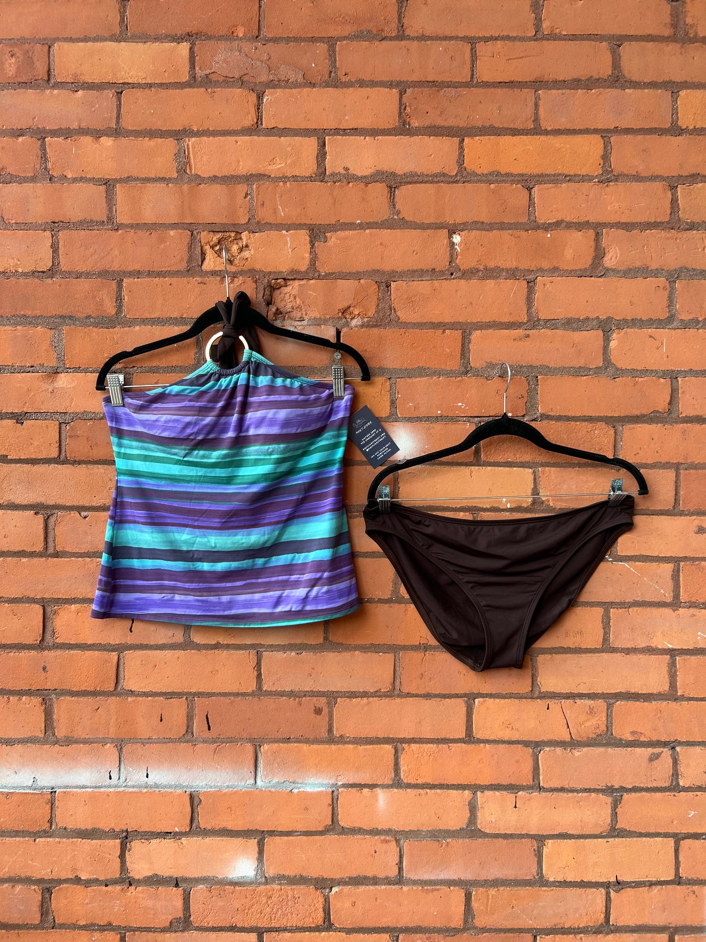 Y2K Vintage Purple Blue & Brown Halter Tankini Set / Size L