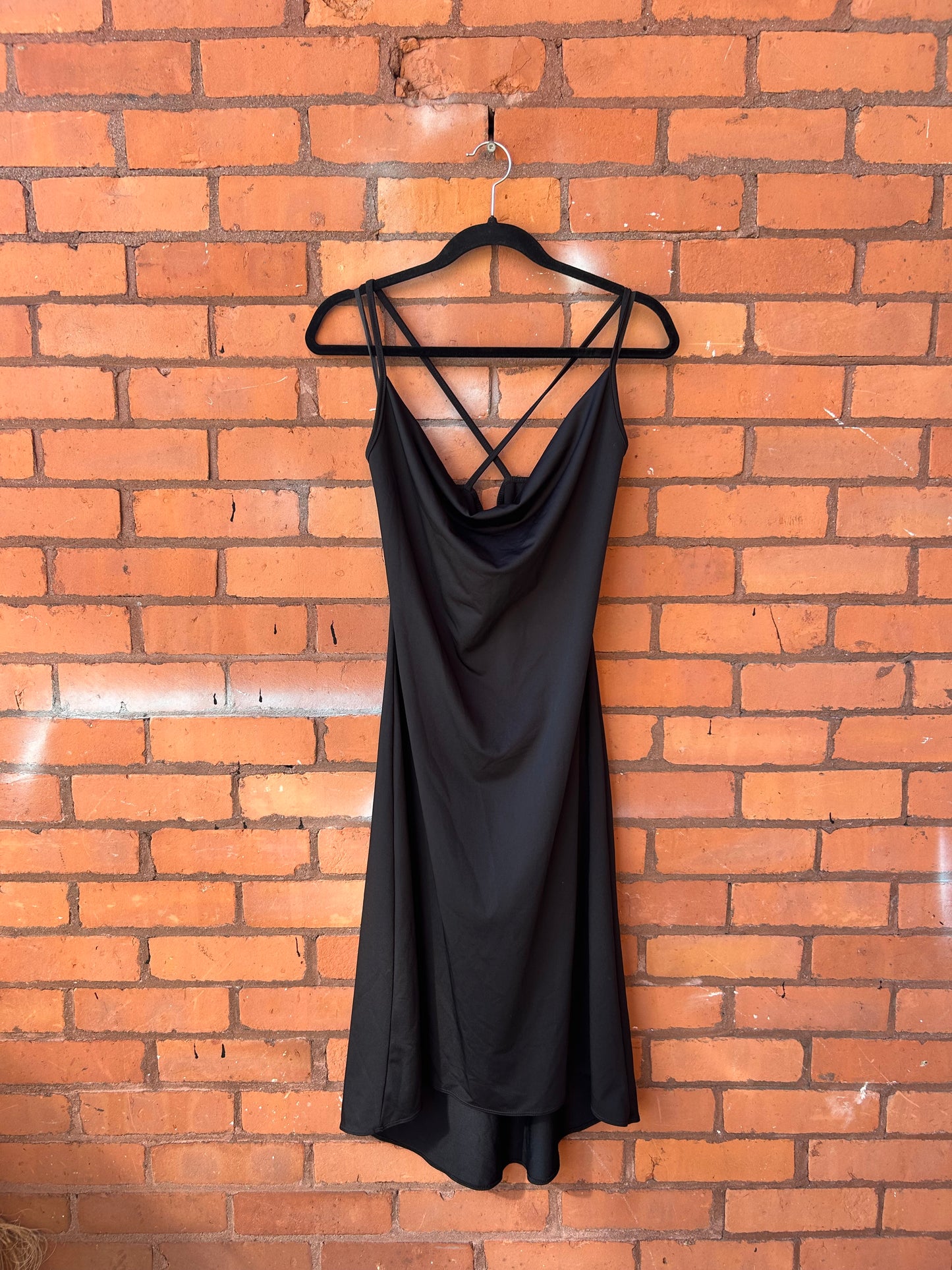 90’s Vintage Black Cowlneck Strappy Midi Dress / Size L