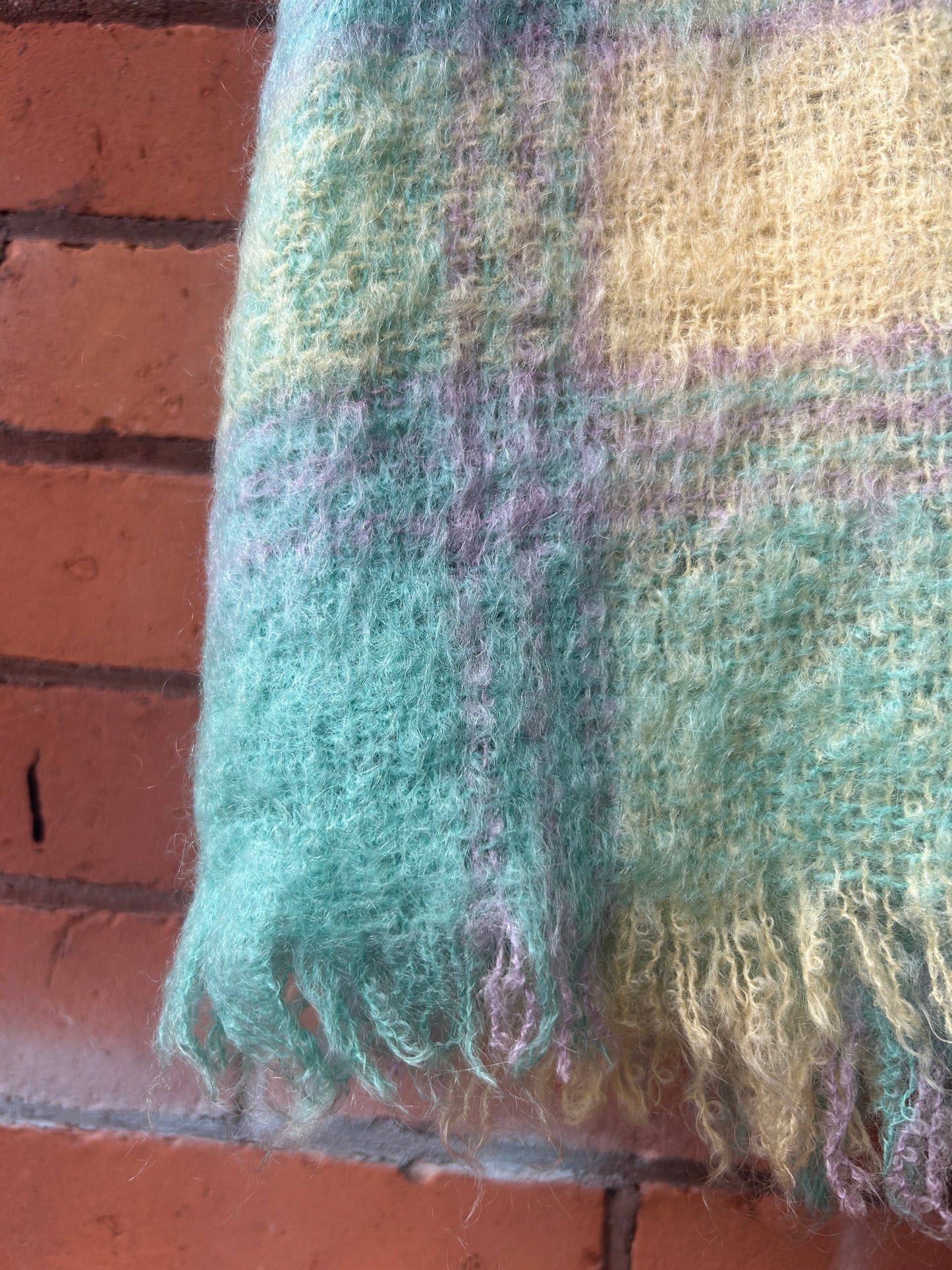 70’s Vintage Teal & Yellow Woven Mohair Blanket Scarf