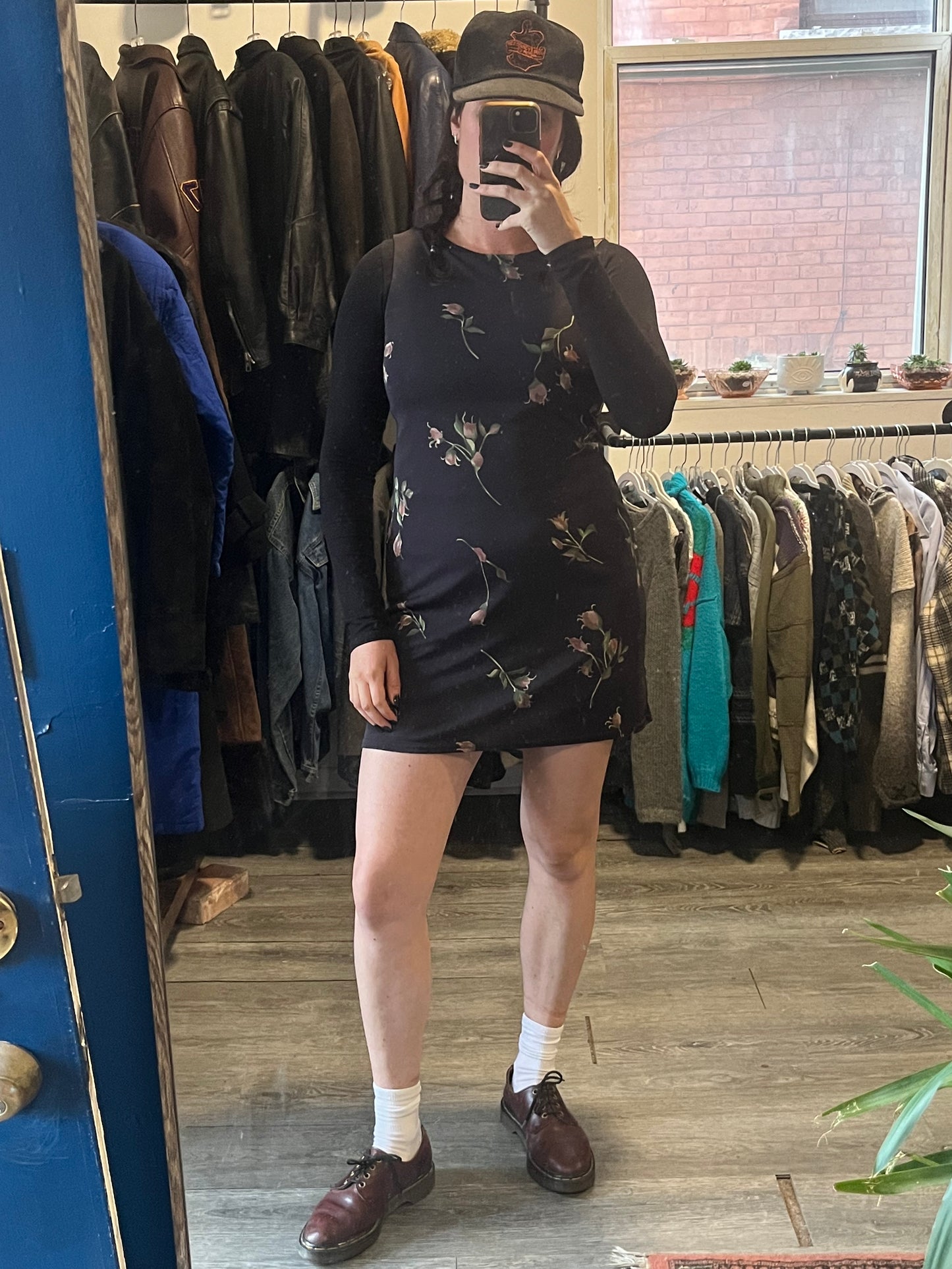 90’s Vintage Navy Floral High Neck Mini Dress / Size 6-8