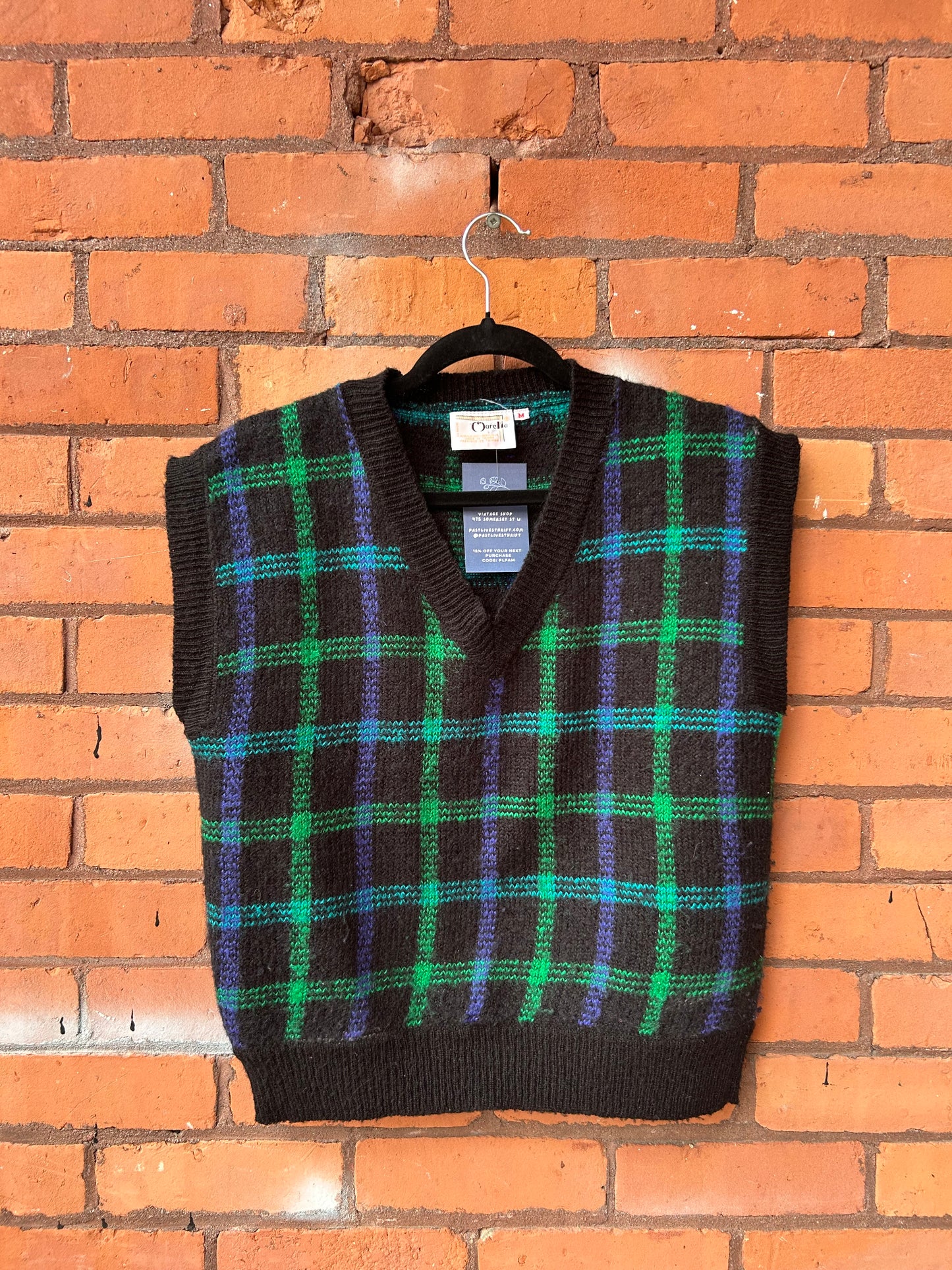 80’s Vintage Green & Black Plaid Sweater Vest / Size M