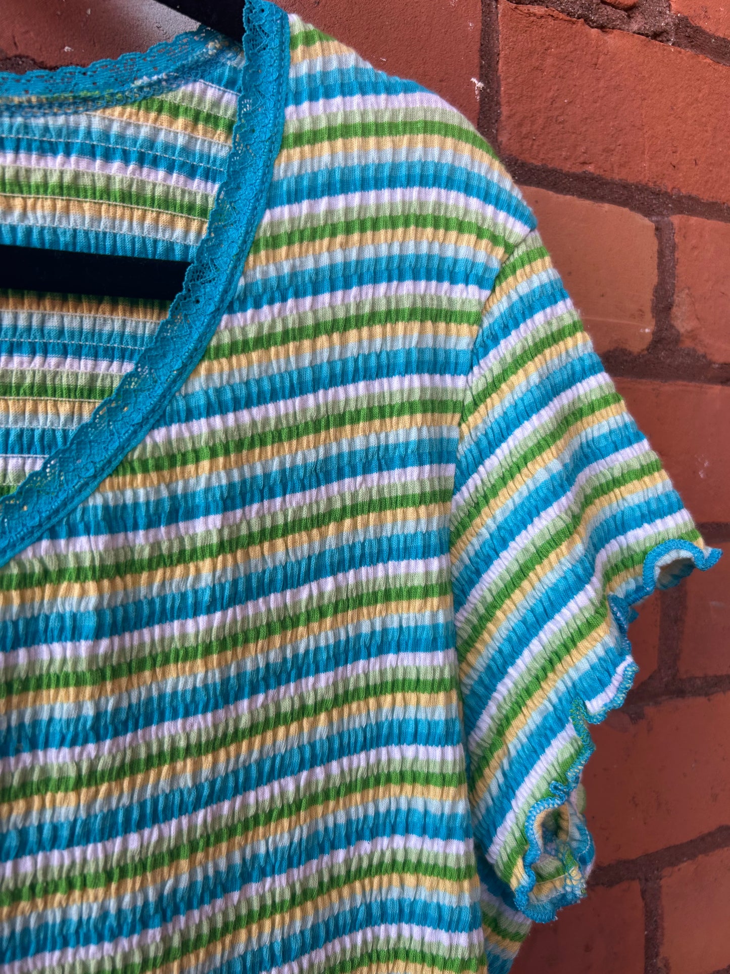 90’s Vintage Blue & Green Striped Ruched Tee / Size L