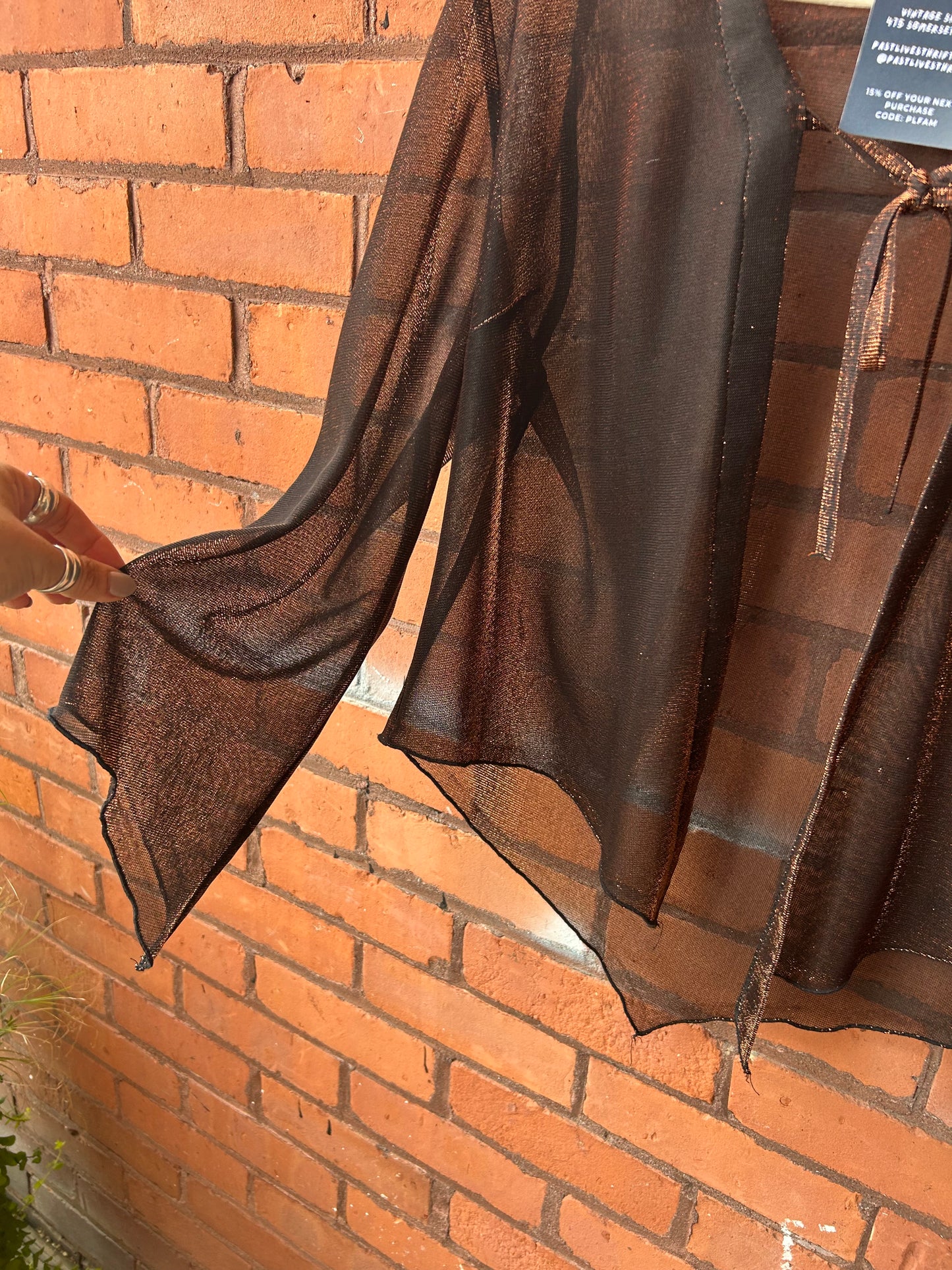 90’s Vintage Sheer Bronze & Black Mesh Tie Blouse / Size L