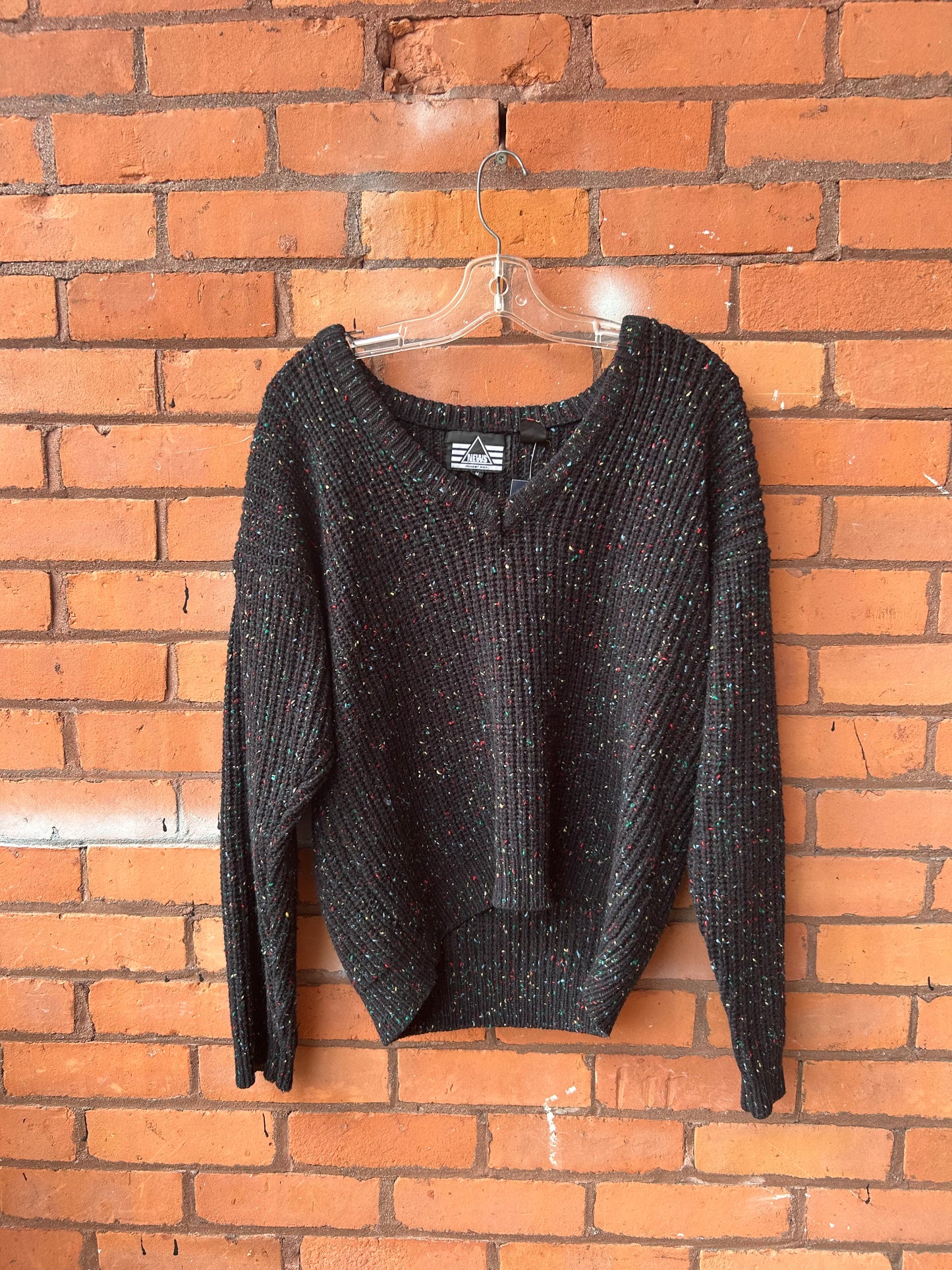 90’s Vintage Black & Rainbow Speckled V-neck Sweater / Size M