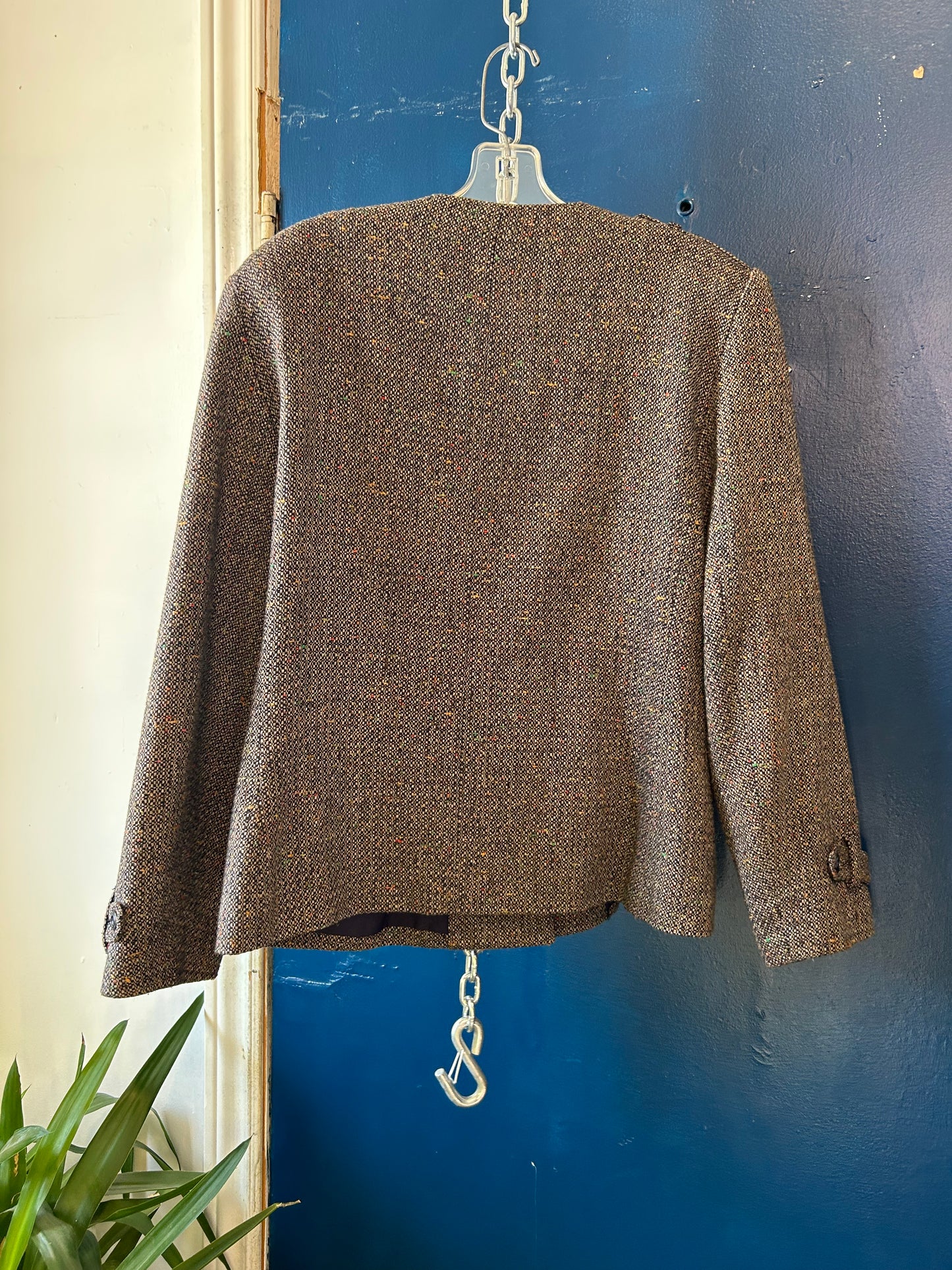 90’s Vintage Brown Tweed Wool Button Down Belted Jacket / Size M