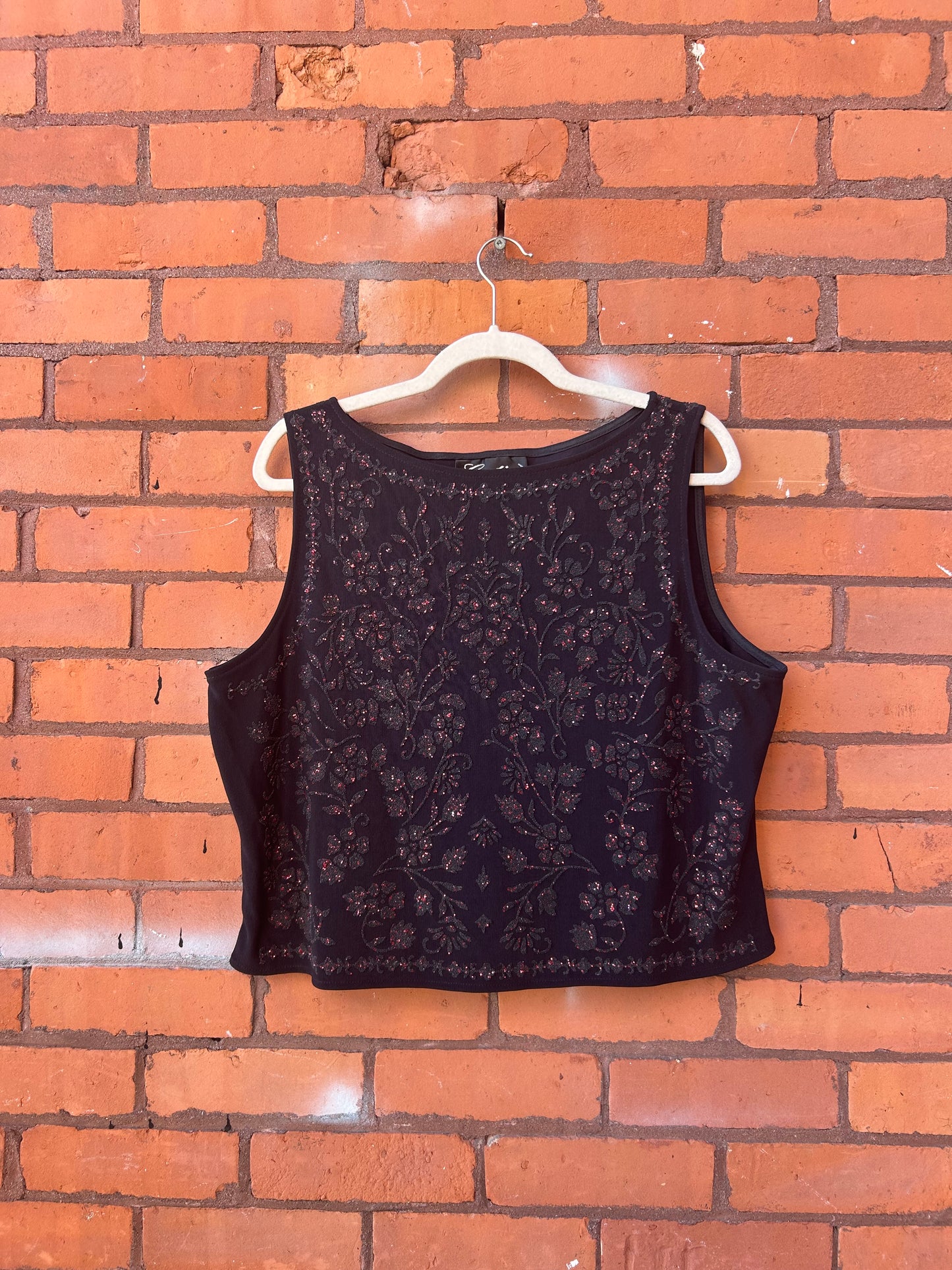 90’s Vintage Black & Red Sparkle Floral High Neck Tank Top / Size XXL