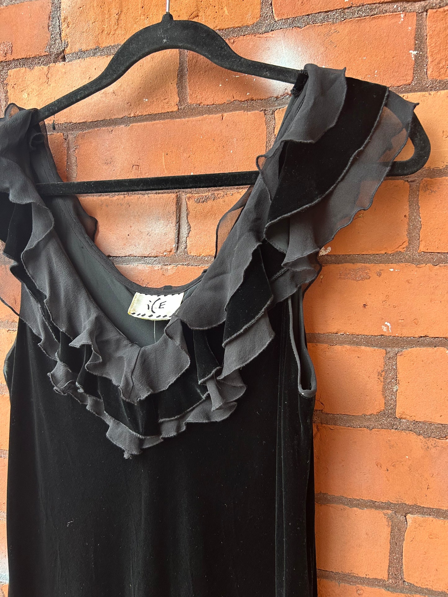 90’s Vintage Black Velvet & Silk Flutter Sleeve Maxi Dress / Size XXL