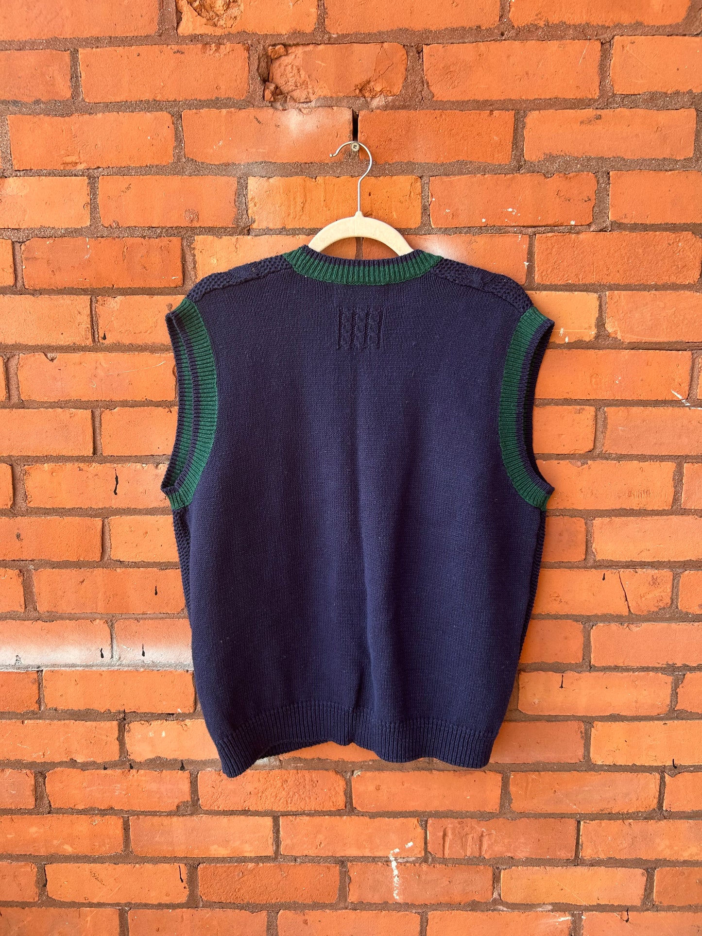 90’s Vintage Navy & Green Cotton Cable Knit Sweater Vest / Size XL
