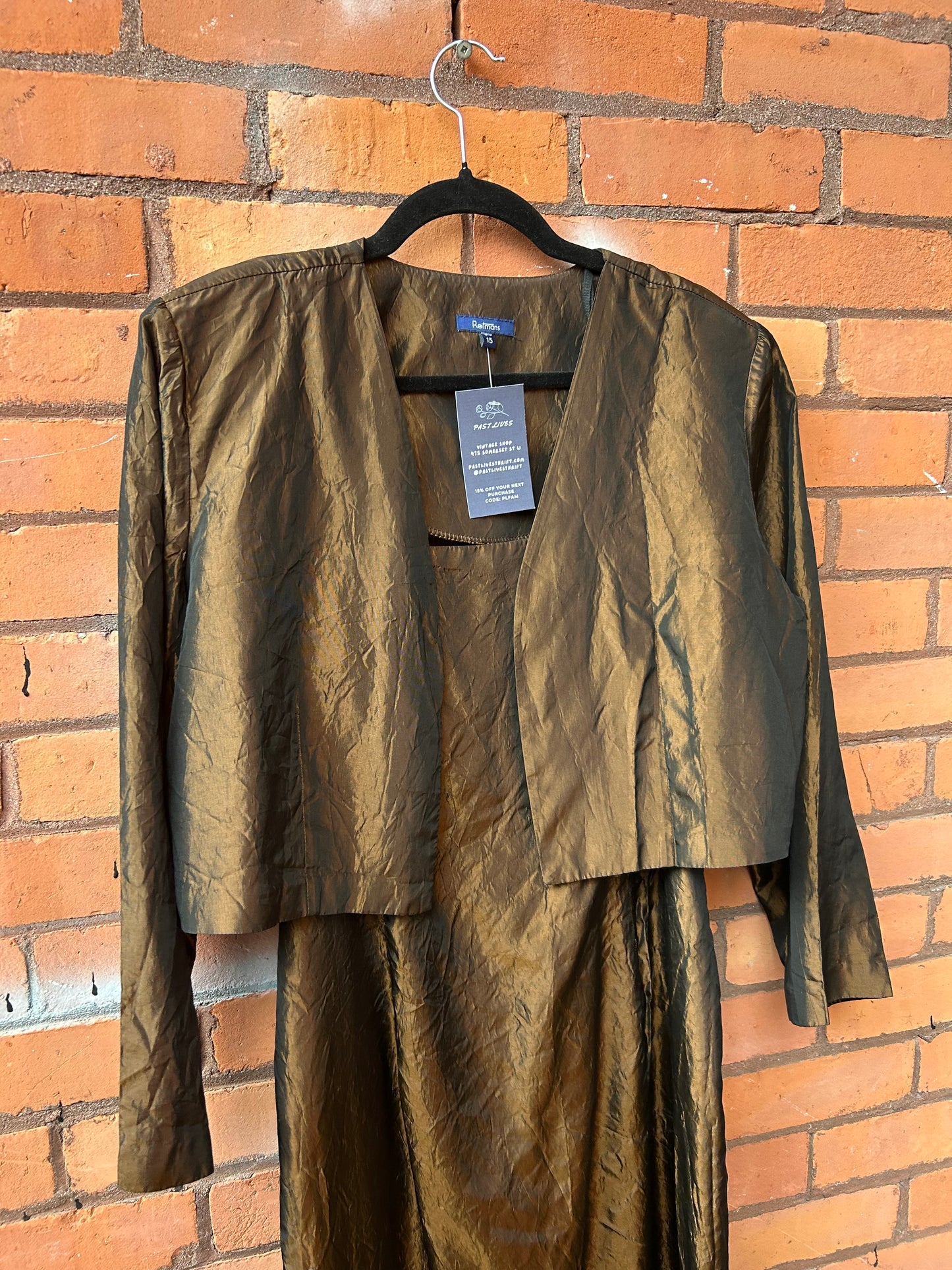 90’s Vintage Brown Metallic Square Neck Dress & Bolero Set / Size 14-16