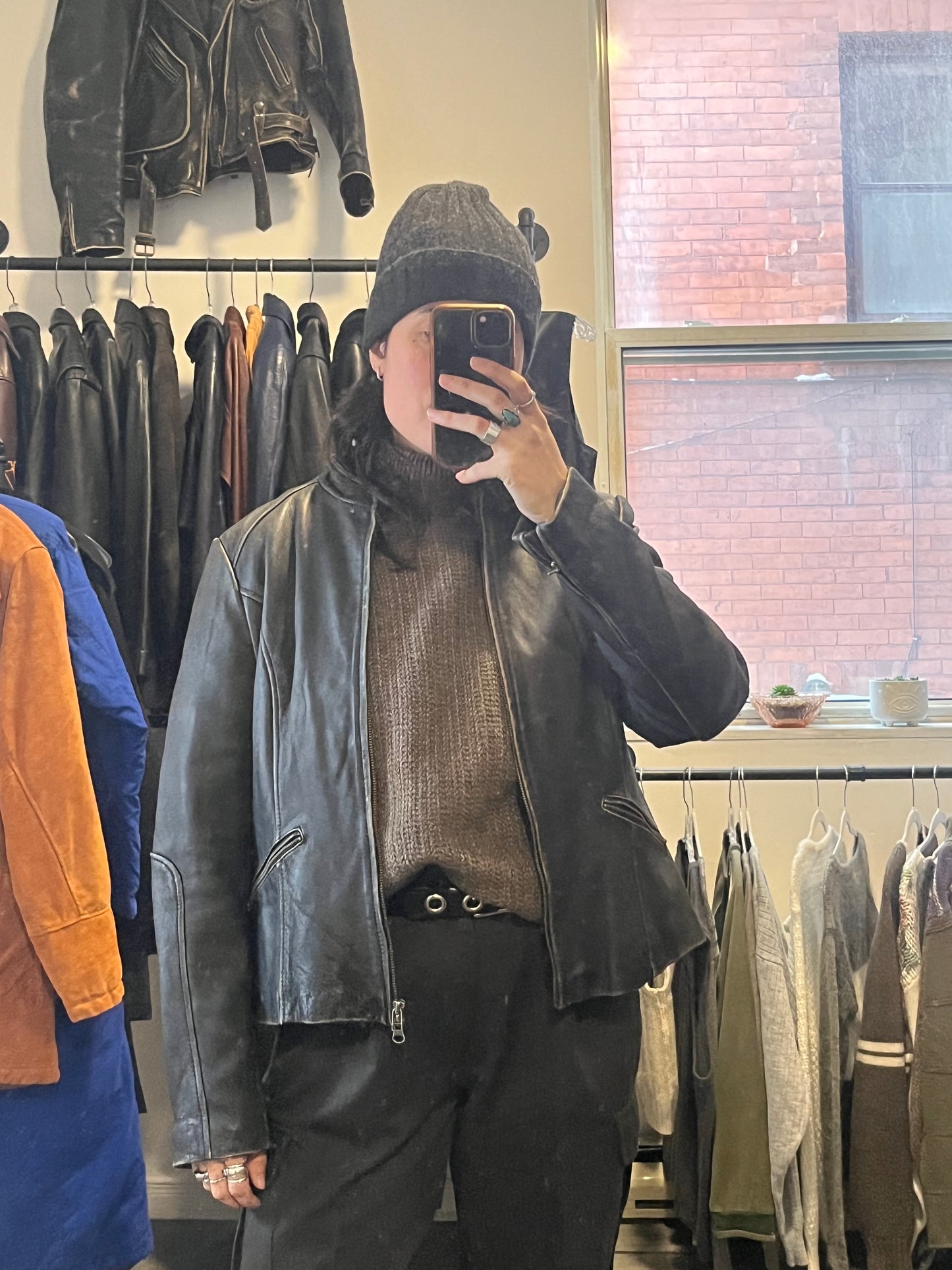 Y2K Vintage Faded Black Leather Bomber Jacket / Size L