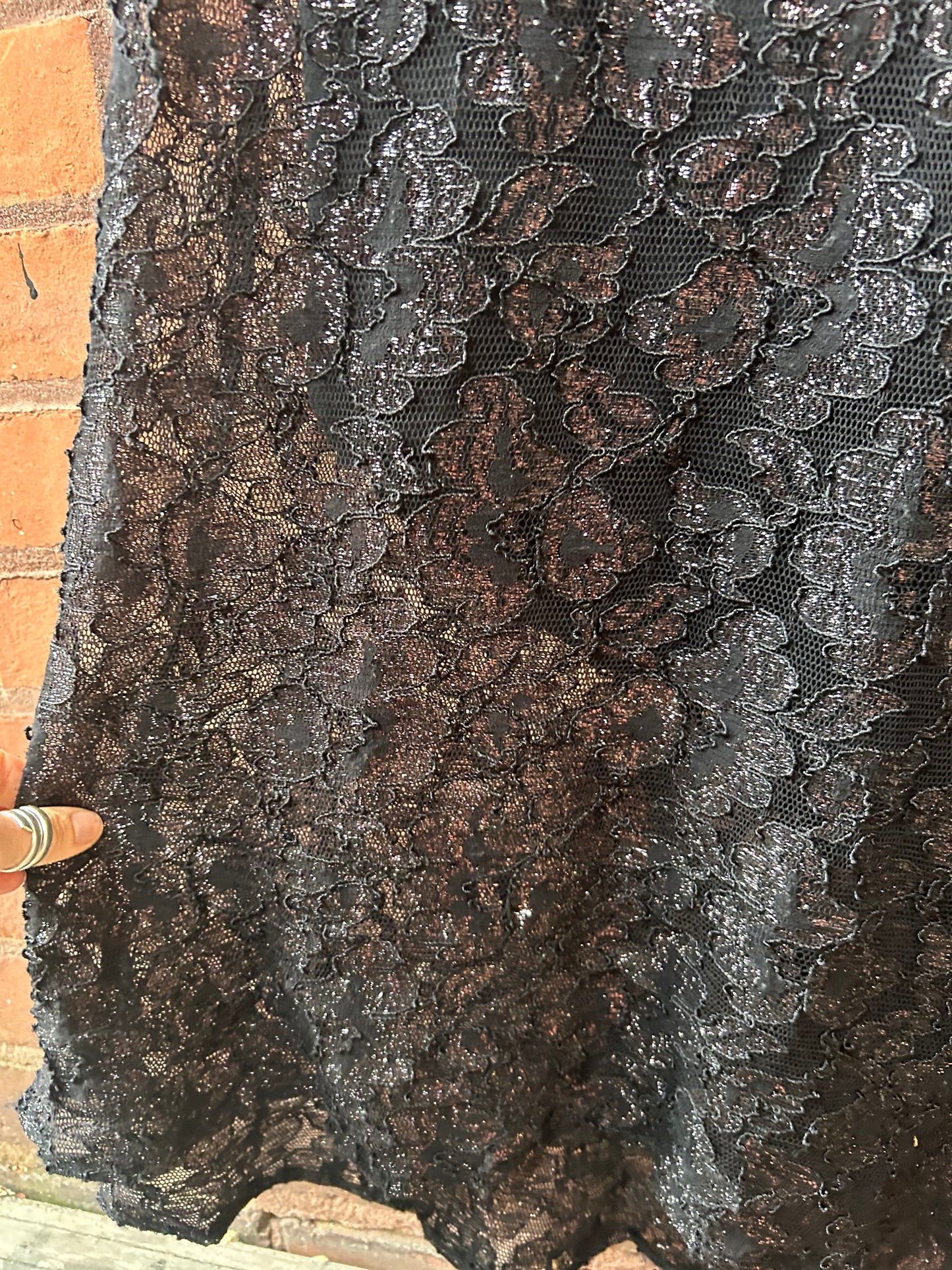 90’s Vintage Black Metallic Lace One Shoulder Dress / Size 10-12