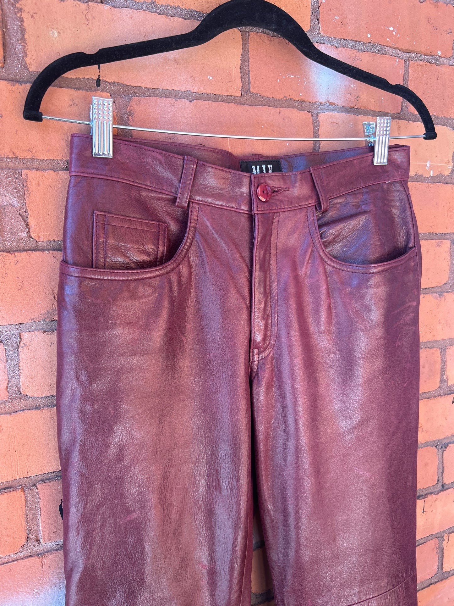90’s Vintage Burgundy Leather Flare Pants / 28 Waist