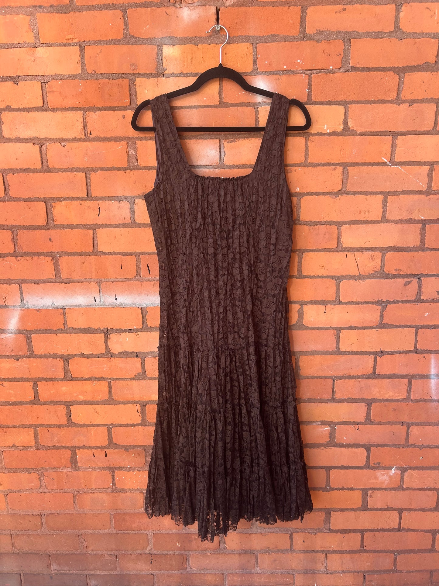 90’s Vintage Brown Lace Tiered Dress / Size 14