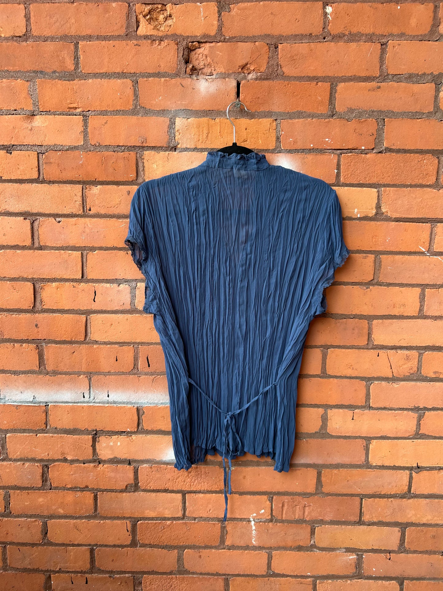 90’s Vintage Sheer Blue Crinkle Button Down Blouse / Size XXL